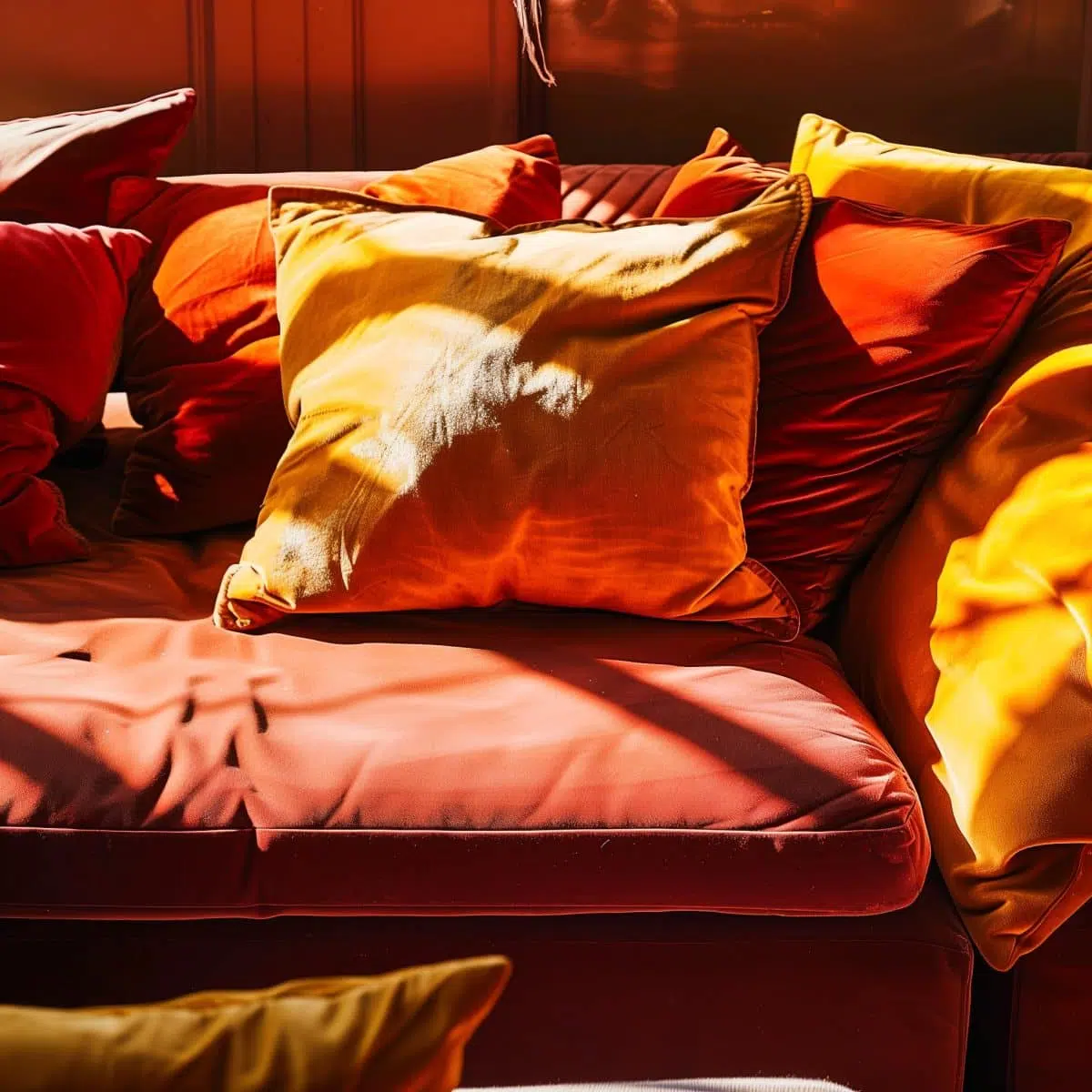 Close-up_of_a_plush_burnt_orange_velvet_sofa_piled 5 Close-up view of a plush burnt orange velvet sofa with an assortment of decorative pillows creating a luxurious feel.