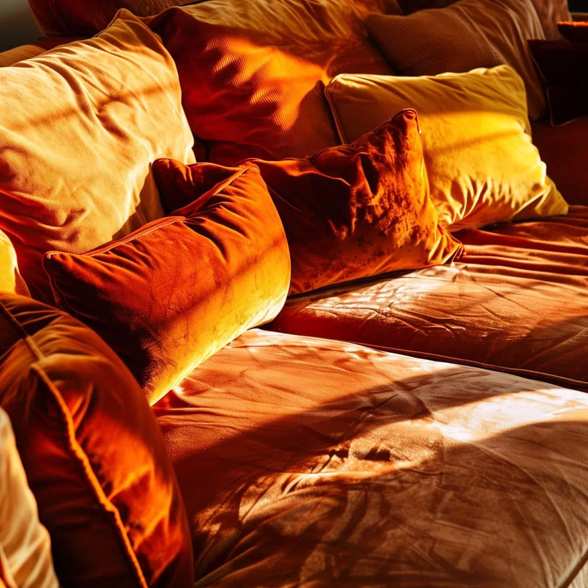 Close-up_of_a_plush_burnt_orange_velvet_sofa_piled 6 A detailed view of a sumptuous burnt orange velvet sofa, highlighting the deep tufting and the rich texture of the fabric.