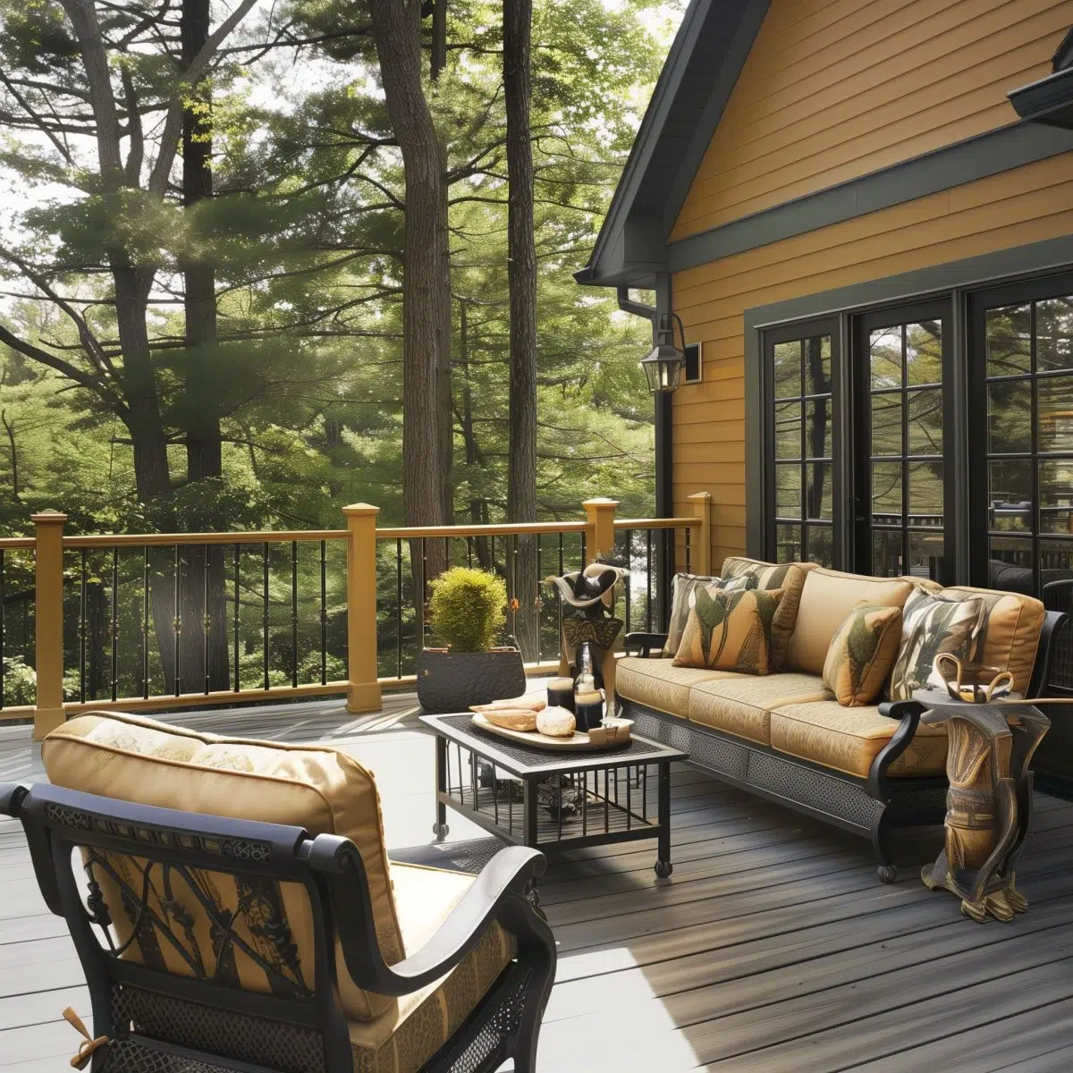Dark_Olive_and_Honey_Gold_Apply_a_subtle_dark_olive 18 An inviting outdoor seating area with dark olive decking and honey gold railings, surrounded by tall trees.