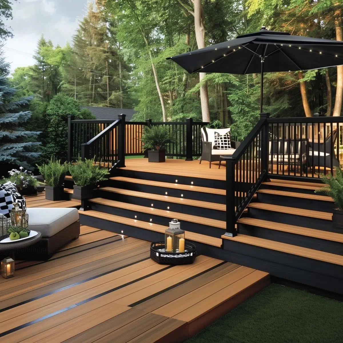 Ebony_and_Oak_Go_bold_with_ebony_for_the_main_area 10 A modern outdoor deck styled with bold ebony flooring and contrasting light oak stairs, accessorized with white and black furniture.