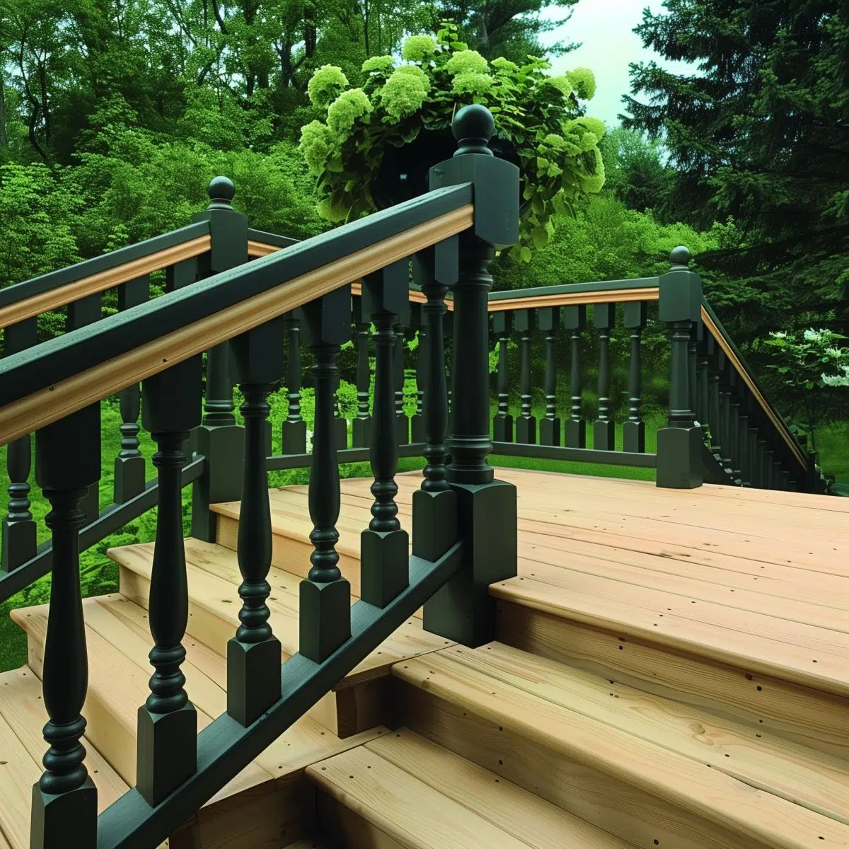 Forest_Green_and_Natural_Pine_Opt_for_a_rich_forest 7 A deck in forest green with natural pine railing details, nestled among dense trees for a rich, natural setting.
