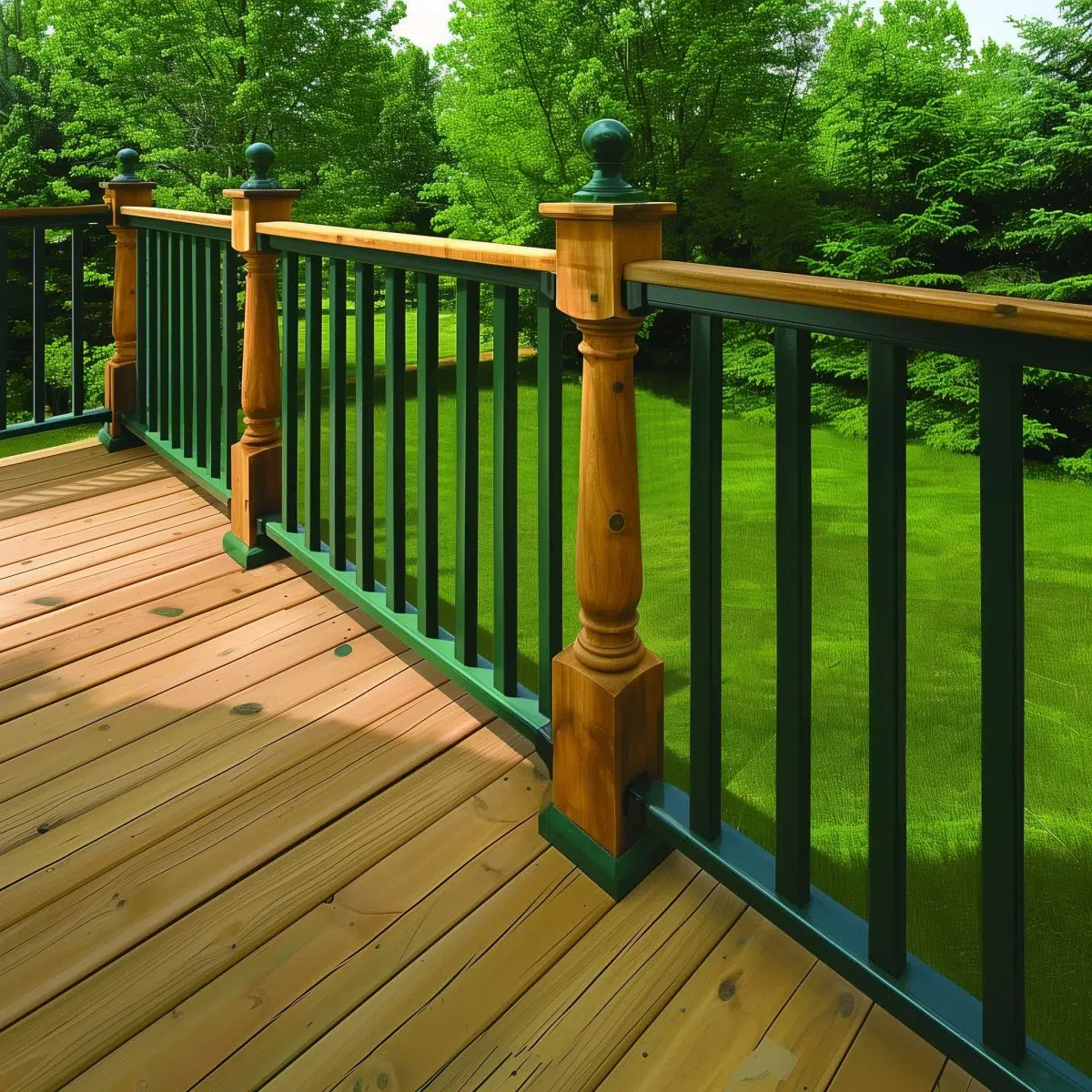 Forest_Green_and_Natural_Pine_Opt_for_a_rich_forest 8 A close-up of forest green railings with intricate natural pine details on a deck, highlighting the wood’s texture against a backdrop of vibrant green foliage.