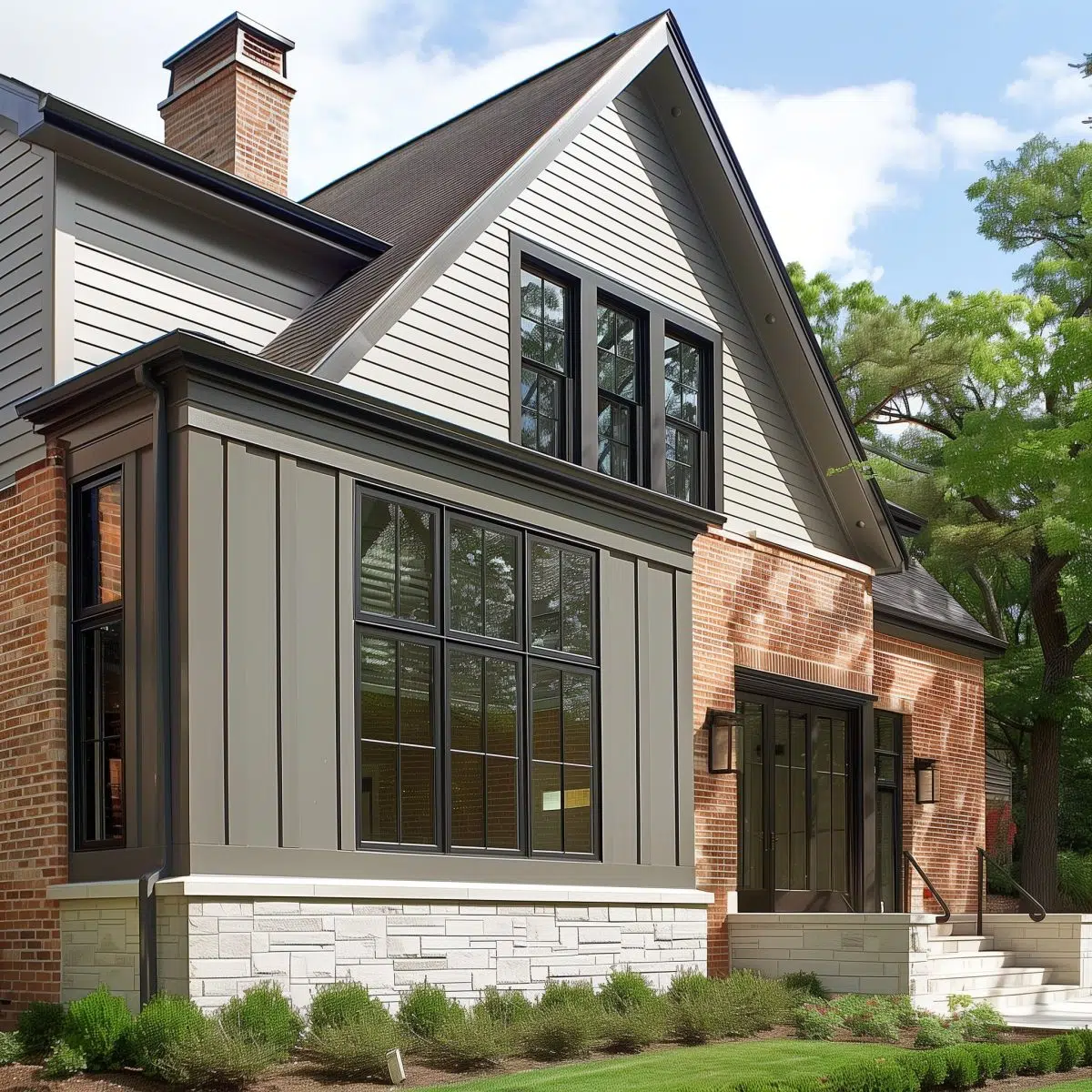 A home with a red brick lower exterior and beige siding above. It has a symmetrical facade with evenly spaced windows and a centered front door, under a moderately pitched gable roof.