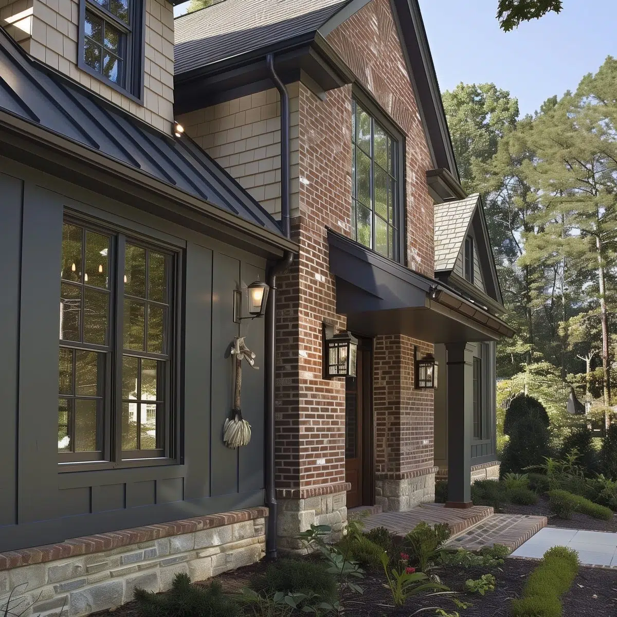  This shows a house with the ground level built of red brick and the upper story clad in taupe siding. The home features large windows, a dark roof, and white trim for a contemporary look.
