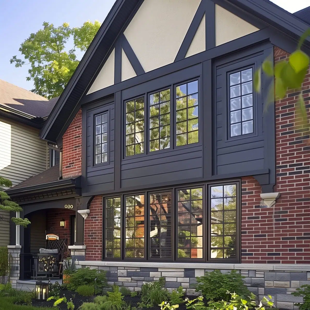  A residence with a unique blend of red brick on the bottom and dark blue siding on the top. It has white-trimmed windows, a dark roof with dormers, and a covered entrance.