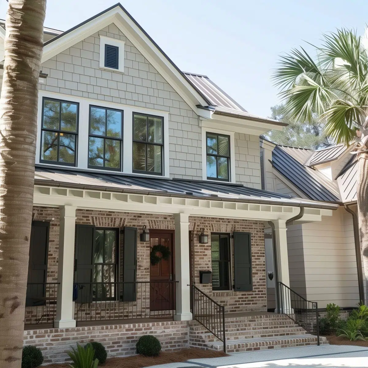  An elegant residence reflecting coastal influences with white vertical siding above and red brick below. It showcases a gabled metal roof, a covered porch, and well-maintained landscaping.