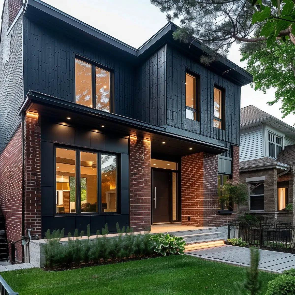  A contemporary house exterior with the top half clad in black vertical siding and the bottom half in red brick. It features large black-framed windows, a flat entryway awning, and neat landscaping.