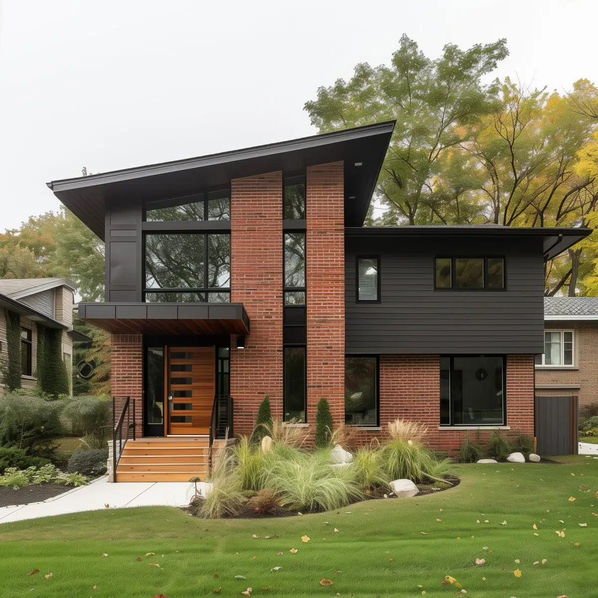  A contemporary house exterior with the top half clad in black vertical siding and the bottom half in red brick. It features large black-framed windows, a flat entryway awning, and neat landscaping.