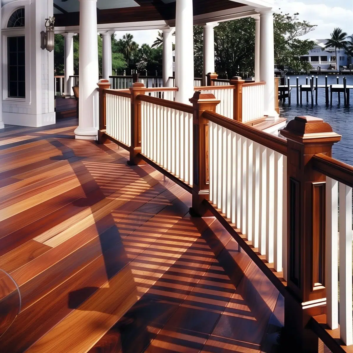 Mahogany_and_Teak_Use_a_dark_mahogany_stain_for_the 5 A luxurious deck with a dark mahogany stain, teak-toned railings, and elegant outdoor furniture overlooking a water view.