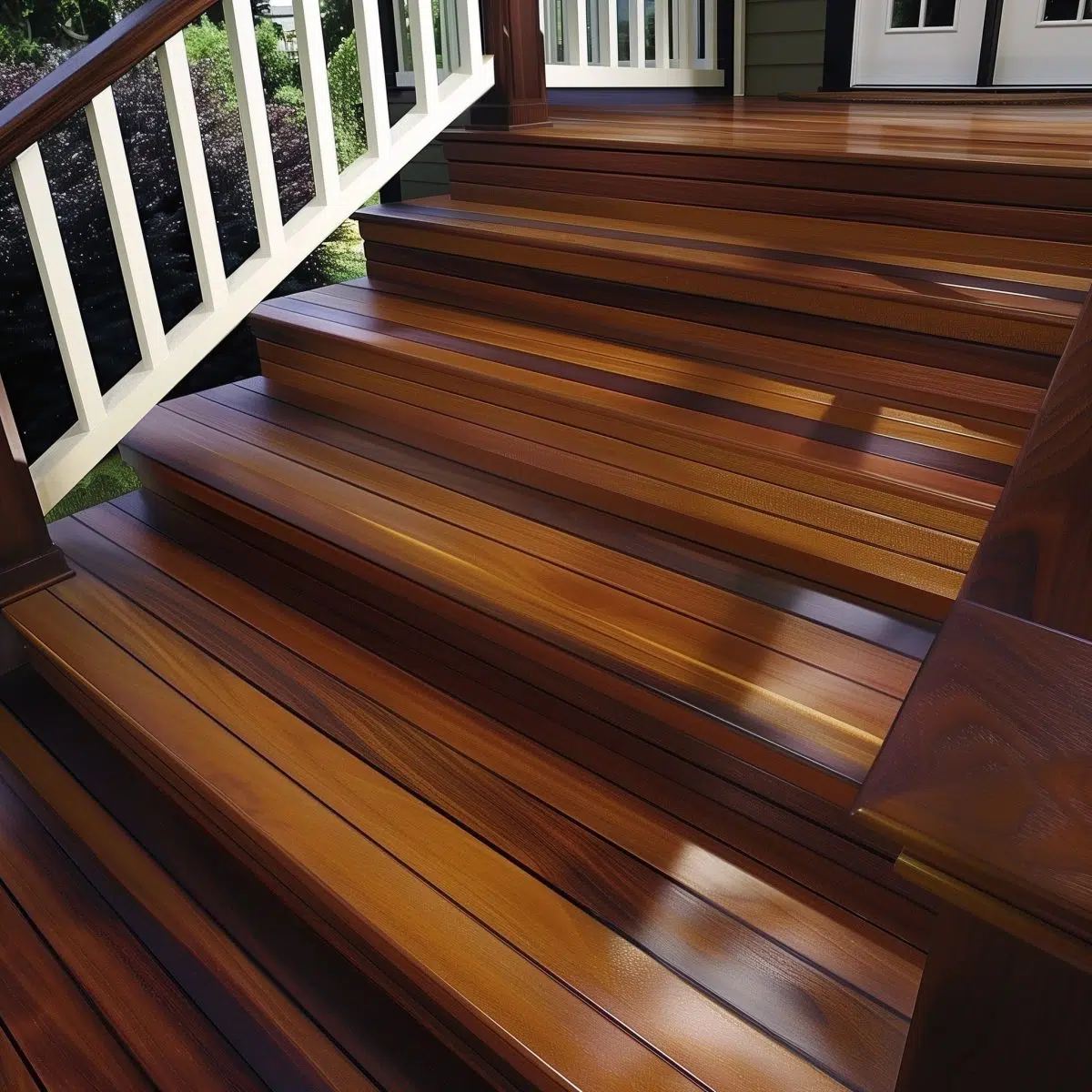Mahogany_and_Teak_Use_a_dark_mahogany_stain_for_the 6 A deck with rich mahogany stained flooring and teak railings, with a sunlit glimmer highlighting the wood’s warm tones.