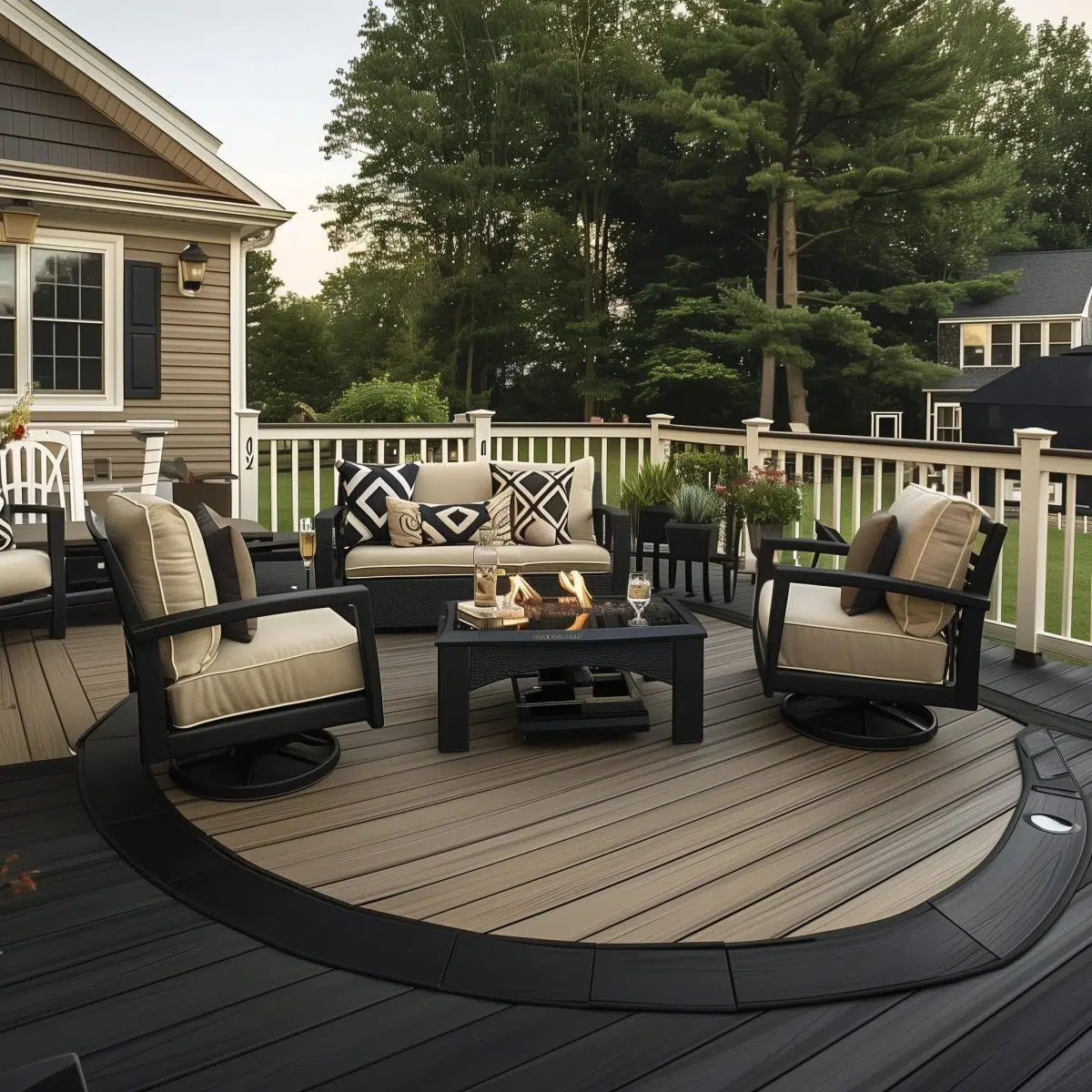 Midnight_Black_and_Sandy_Beige_deck_Create_a_dramati 17 An outdoor deck space at dusk featuring dark gray composite decking with a curved design. Patio furniture includes cushioned chairs and a fire table centerpiece with decorative pillows and plants, surrounded by a white railing against a backdrop of trees.