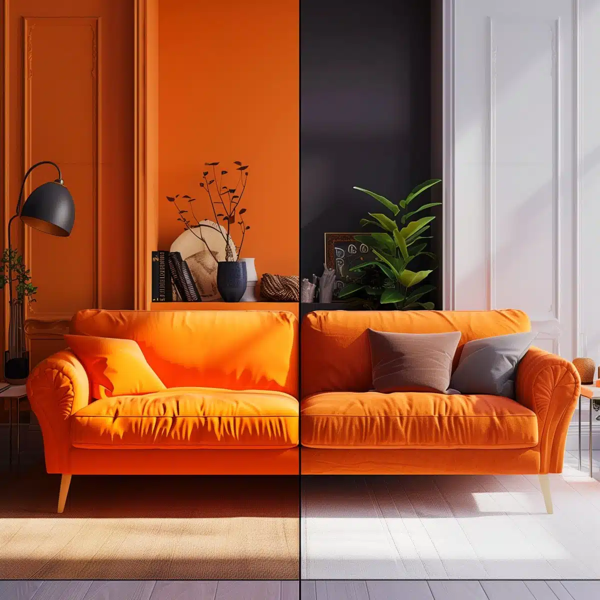 Show_the_same_orange_couch_twice_First_in_warm_soft 18 The same orange couch captured in warm, soft lighting to highlight its cozy ambiance and inviting texture.