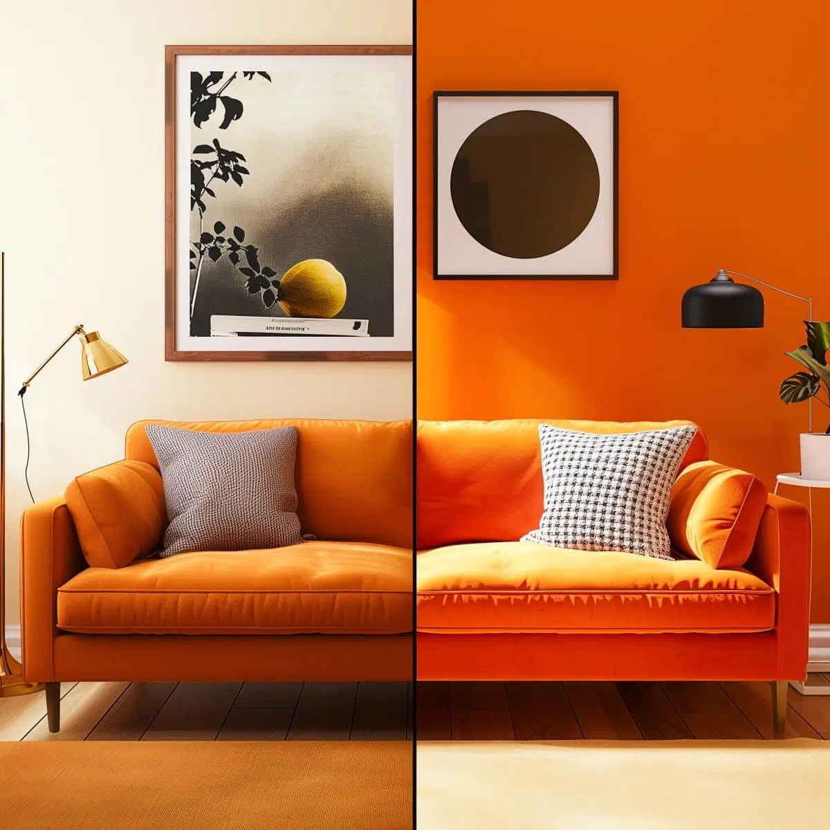 Show_the_same_orange_couch_twice_First_in_warm_soft 19 The same orange couch presented in a different light, emphasizing the vibrant color and contemporary style of the furniture piece.
