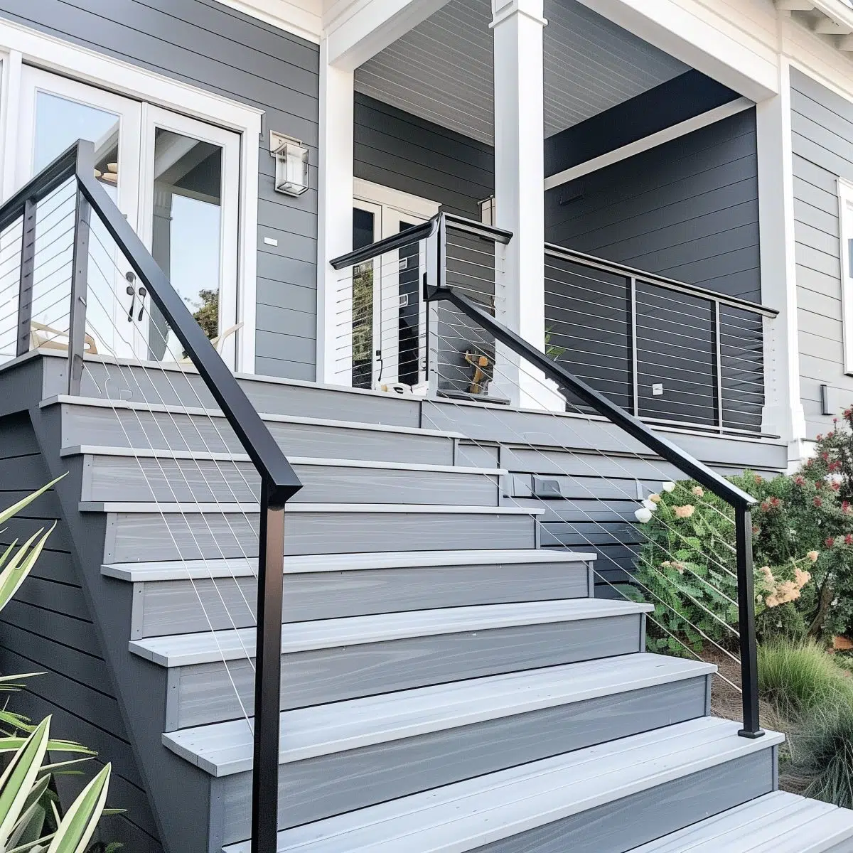 Slate_Gray_and_White_Wash_Apply_a_slate_gray_stain 11 A modern house entrance with a dark gray deck and steps, contrasting sharply with white trim. The railing is made of horizontal black metal bars, providing a contemporary aesthetic against the home's dark siding and windows.