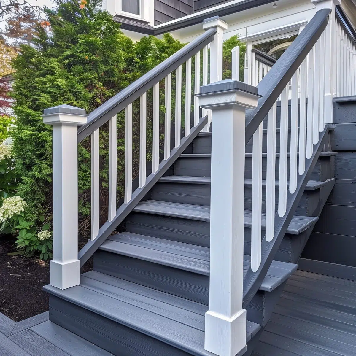 Slate_Gray_and_White_Wash_Apply_a_slate_gray_stain 13 Elegant outdoor deck stairs with dark gray decking and a white handrail. The steps include white post caps and are flanked by lush greenery, enhancing the classic and clean design of the home exterior.