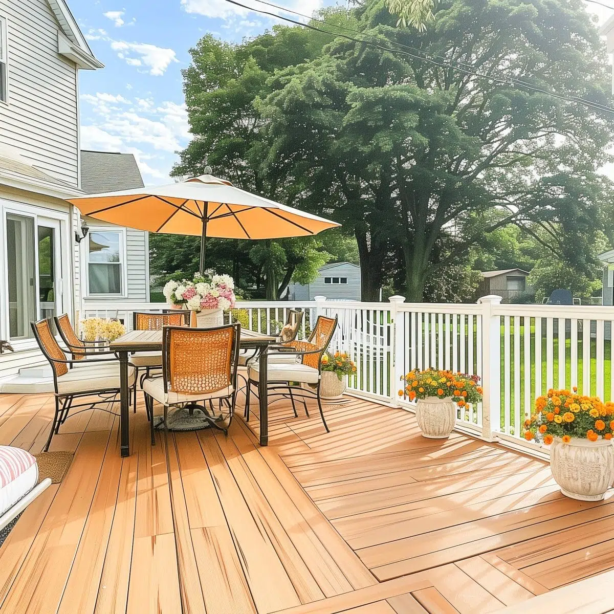 Two-Tone_Deck_Stain_Ideas 9 A sunny deck area with vibrant two-tone staining; the decking is a rich amber hue, framed by lighter gray boards. A bright orange umbrella and outdoor dining set create an inviting al fresco dining environment.
