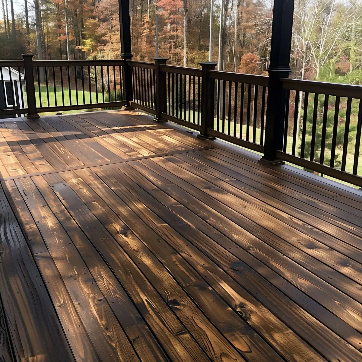 Walnut_and_Ash_Use_a_rich_walnut_stain_for_the_deck 12 A covered deck bathed in the warm glow of the setting sun, highlighting the rich, deep brown tones of the composite decking. The space is bordered by black railings, which frame the serene view of a forested backyard.