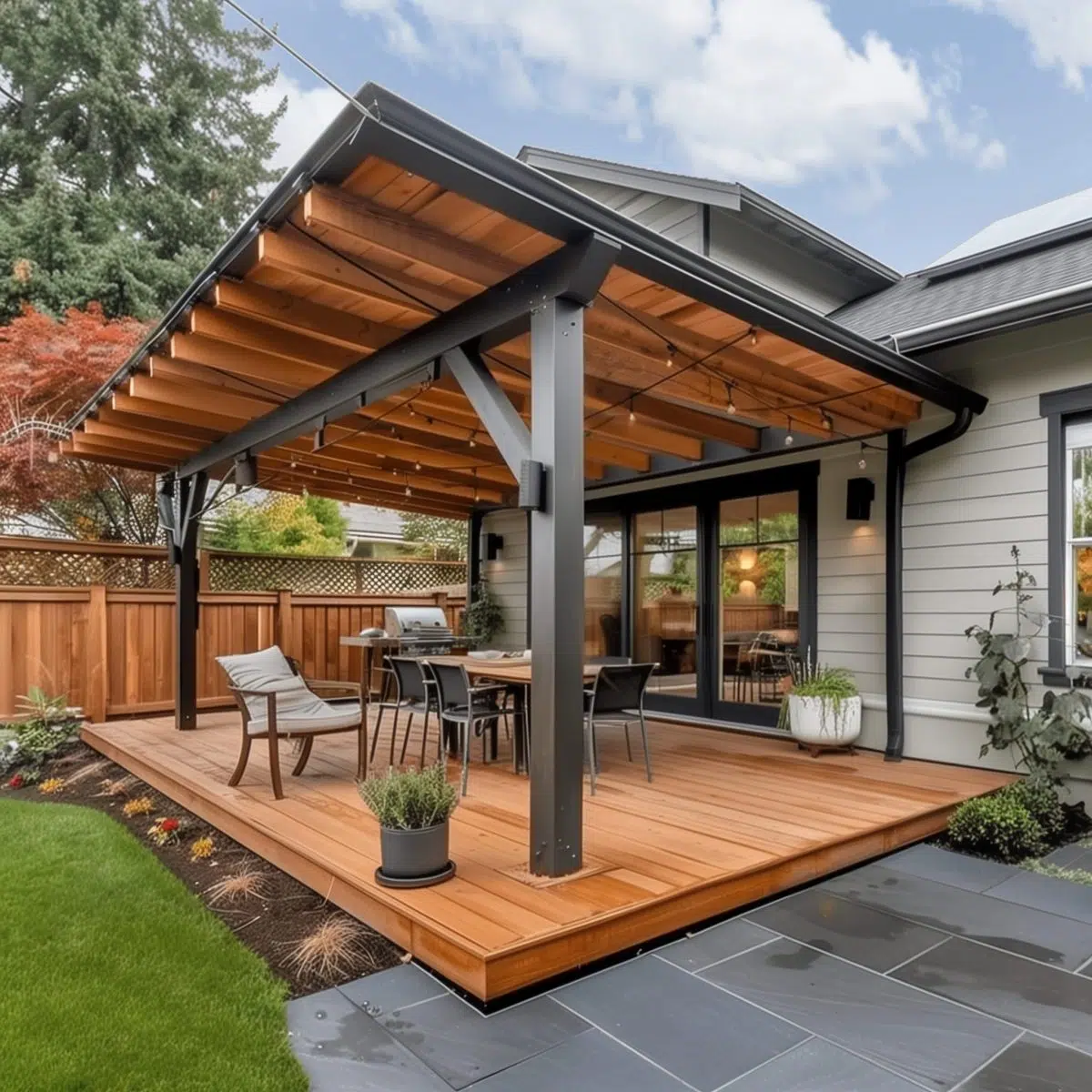 Wood_covered_patio_ideas_attached_to_house 13 A contemporary patio with a minimalist wooden pergola and steel supports. The space includes a cozy lounge area and a wooden deck, which contrasts with the dark tiled flooring, providing a chic outdoor living space.