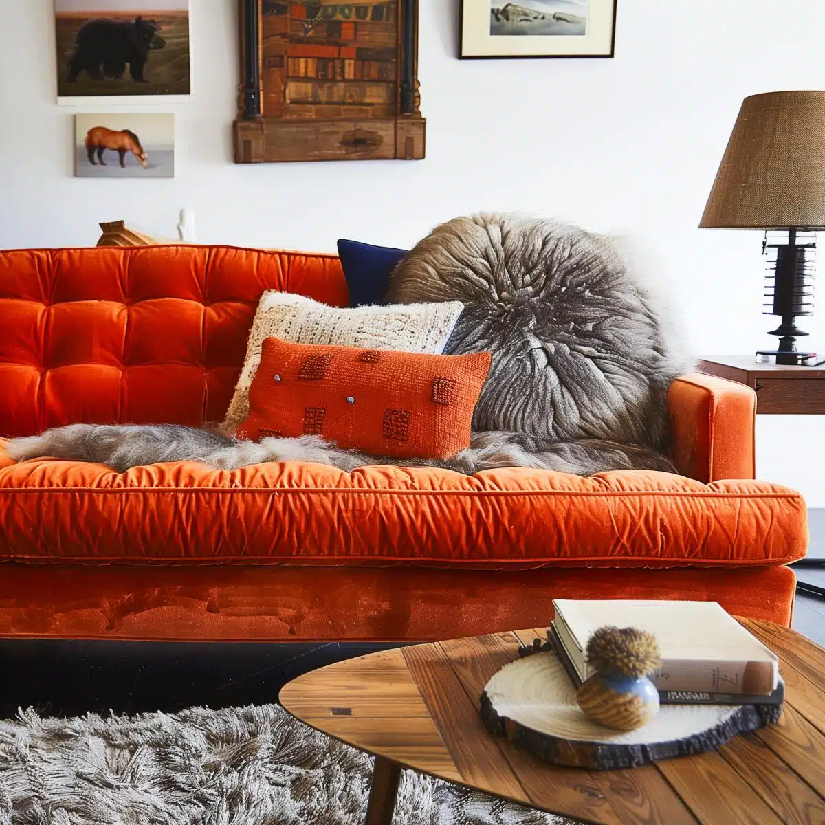 an_orange_couch_with_interesting_texture_tufted_cord 13 A vibrant orange tufted couch with a textured corduroy-like fabric in a cozy living room setting.
