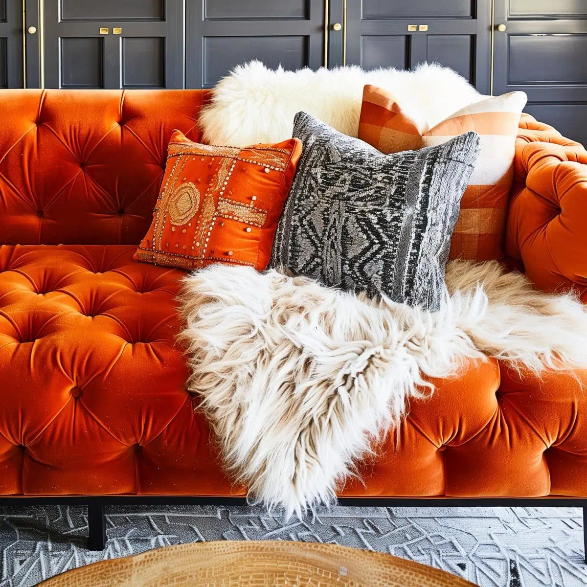 an_orange_couch_with_interesting_texture_tufted_cord 14 Close-up of an orange tufted couch showcasing the unique corduroy-inspired texture and plush cushions.