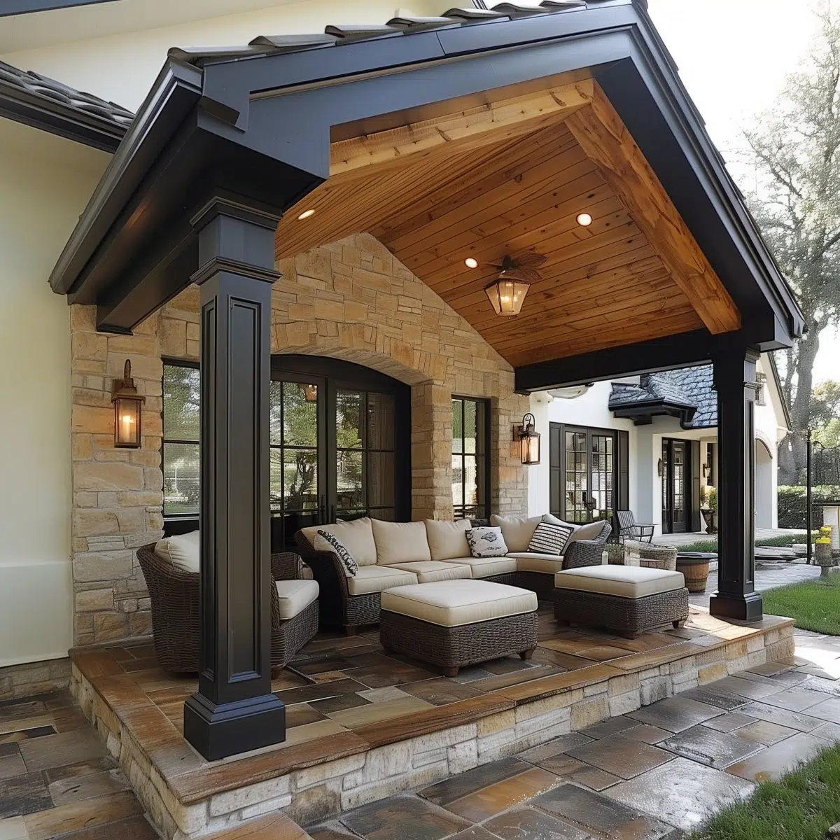 covered_patio_ideas_attached_to_house 17 A modern patio cover with a flat roof and supporting columns over a flagstone patio. It houses a luxurious outdoor seating area with a fireplace, adjacent to a house with large windows.
