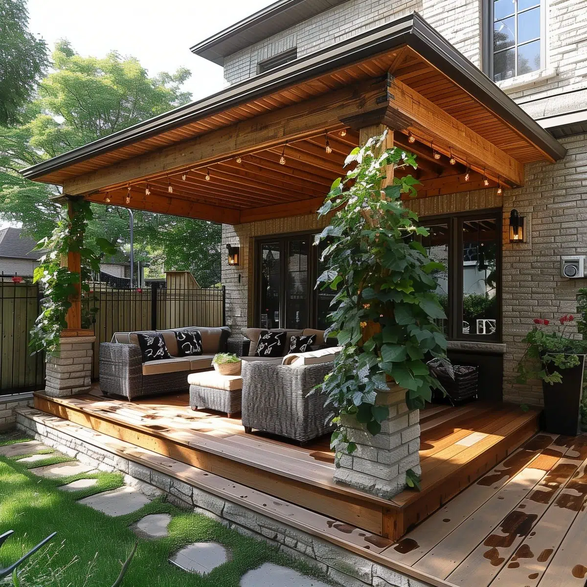 covered_patio_ideas_attached_to_house 18 A rustic wooden patio cover with decorative beams and string lights. The deck features a stylish outdoor living space with lush plant decorations and climbing vines.