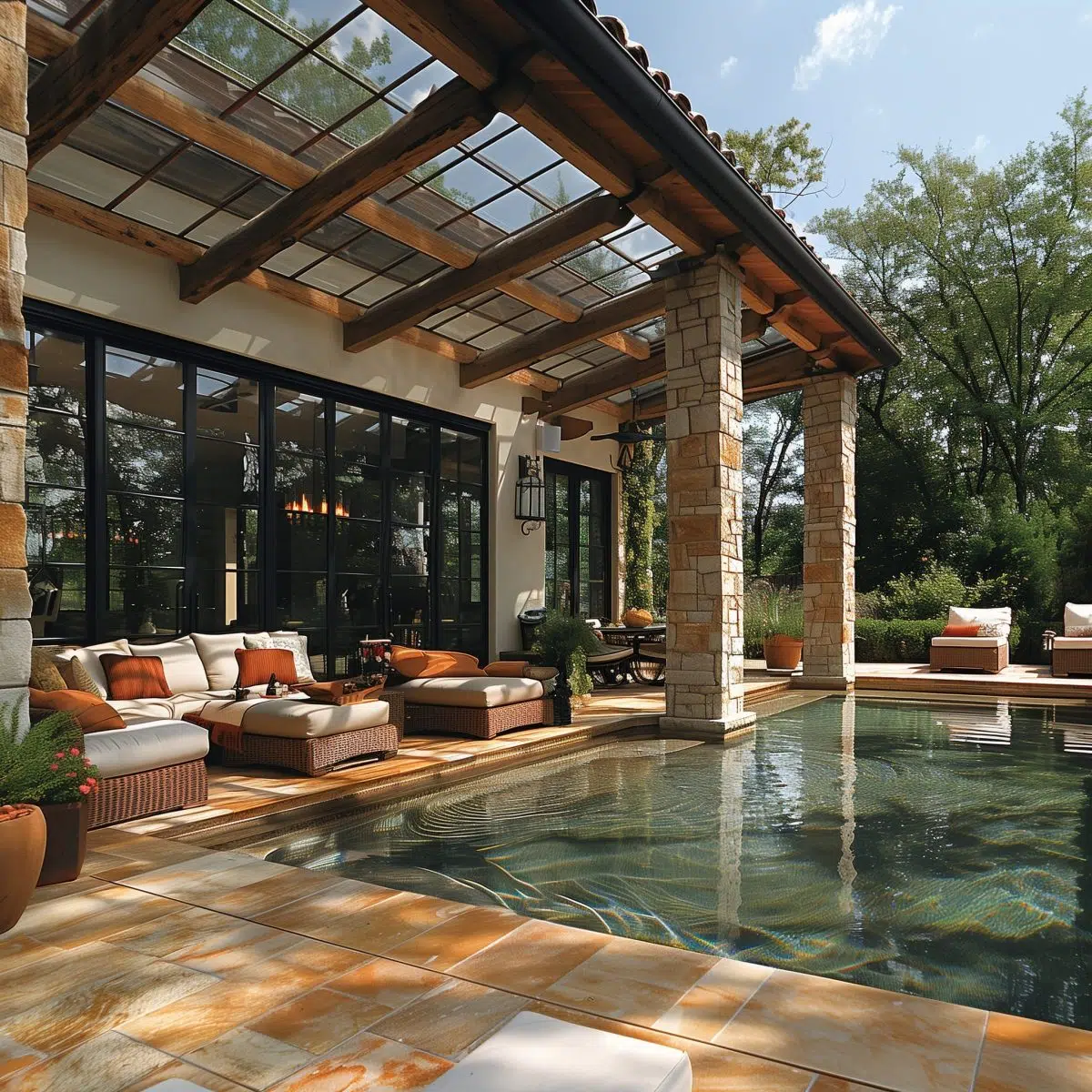 covered_patio_ideas_attached_to_house 19 A spacious covered patio with a glass roof and stone columns, seamlessly blending indoor and outdoor living. The area is furnished with elegant sofas near a tranquil swimming pool.