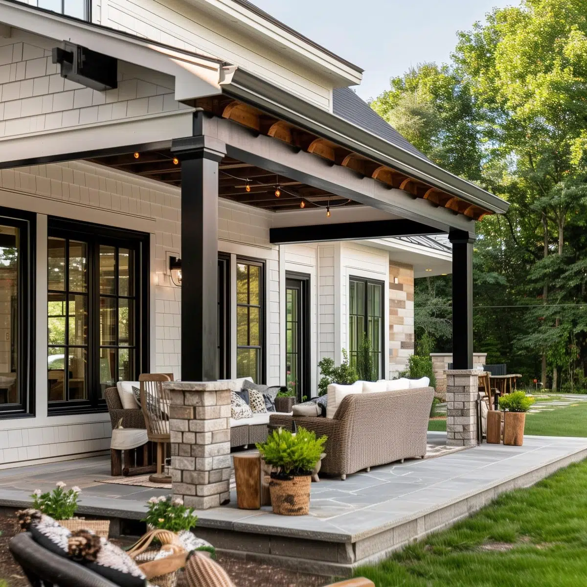 covered_patio_ideas_attached_to_house_small 5 A cozy covered patio area attached to a house with white siding. The patio features wicker furniture with plush cushions, stone planters with greenery, and string lights under the eaves for a warm ambiance.