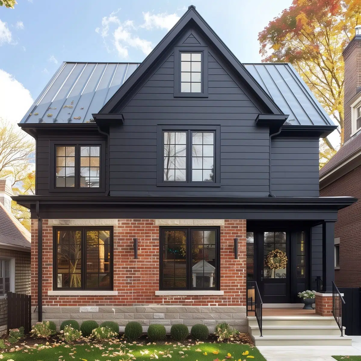 A charming two-story house with the lower half constructed of red brick and the upper half featuring dark blue siding. The roof is sharply pitched with a metallic finish, and the house has white trim around the windows and eaves.