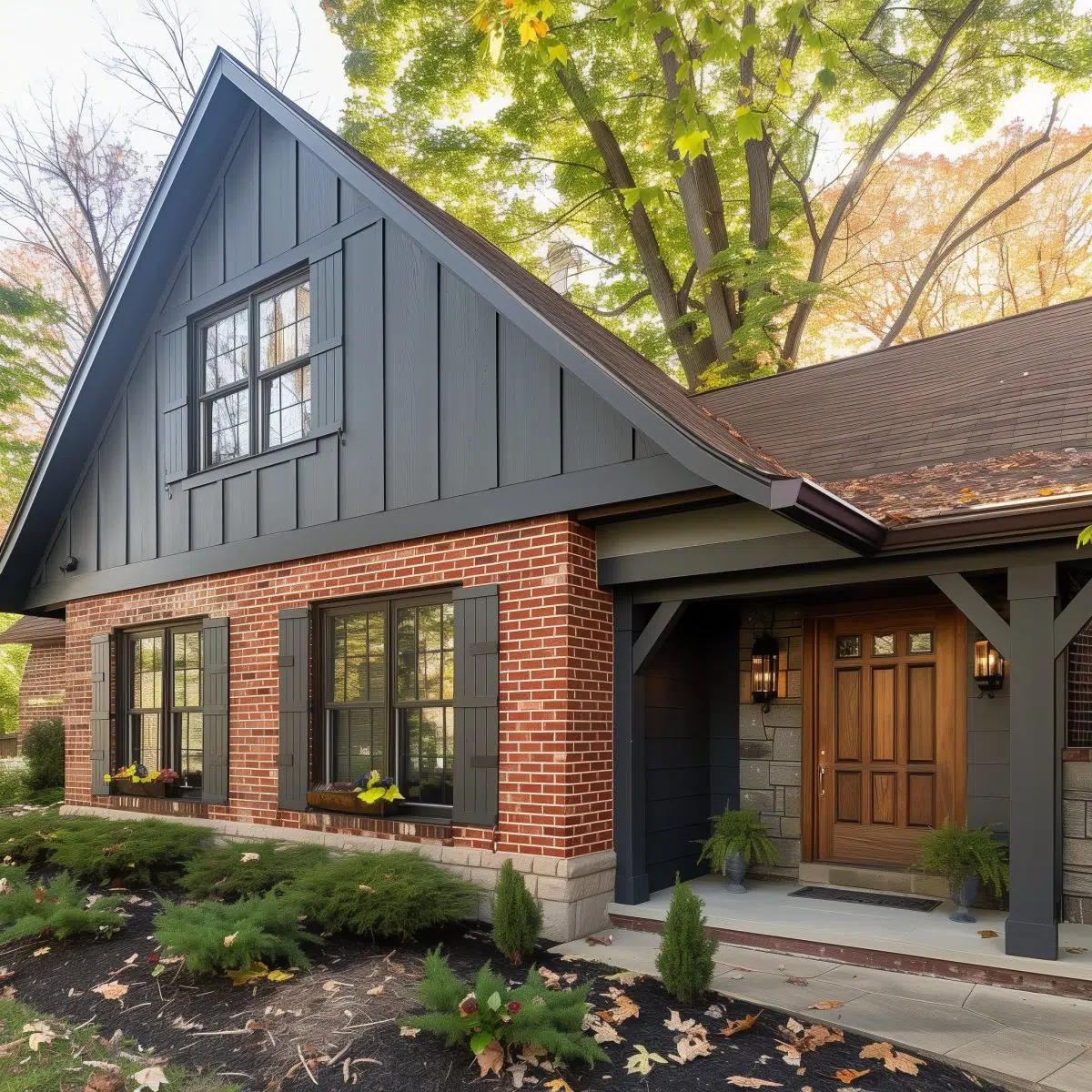 A single-story ranch house with red brick and beige siding. It has a simple, linear design with a gentle sloping roof and an inviting front porch.
