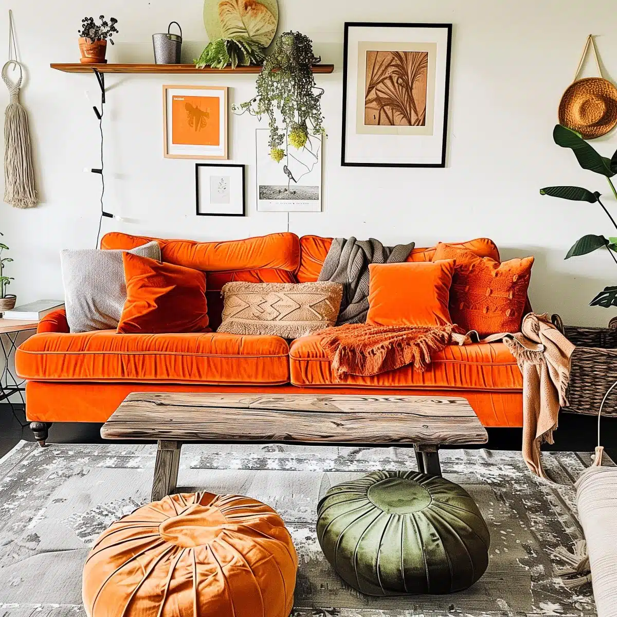 orange_couch_in_living_room 2 An inviting living room featuring a bright orange couch as the focal point, accented with complementary throw pillows.