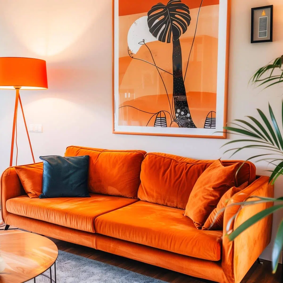 orange_couch_in_living_room 20 A chic orange couch set in a stylish living room, adorned with a mix of neutral and patterned cushions.