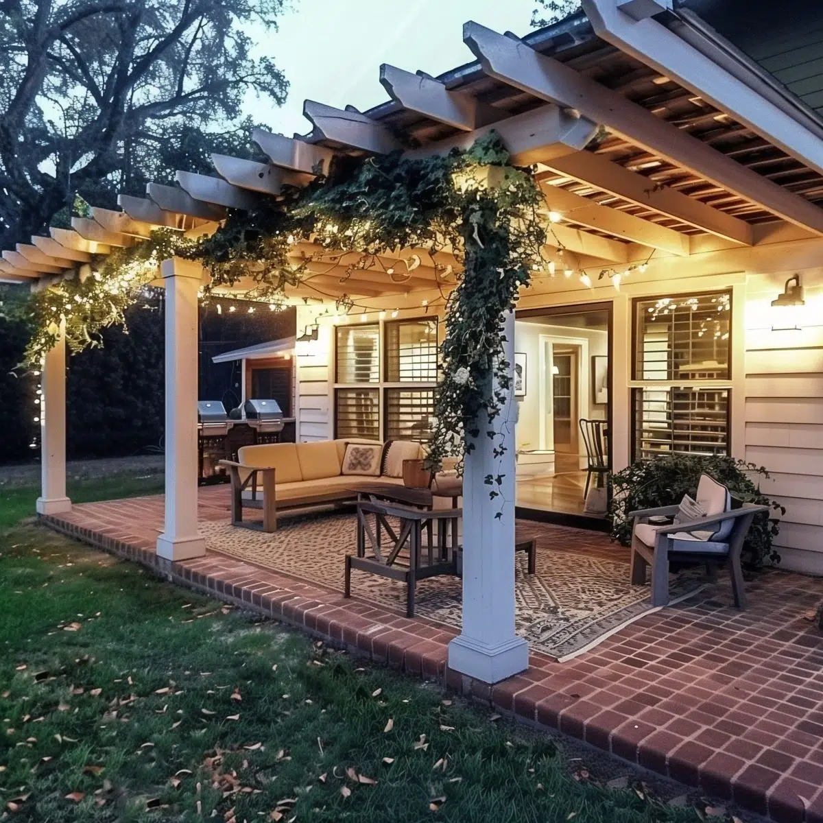 patio_pergola_ideas_attached_to_house_covered_porche 8 A charming covered patio with white columns and overhead wooden beams adorned with fairy lights and climbing vines. The brick floor adds a rustic touch, complementing the outdoor furniture for a serene evening setting.