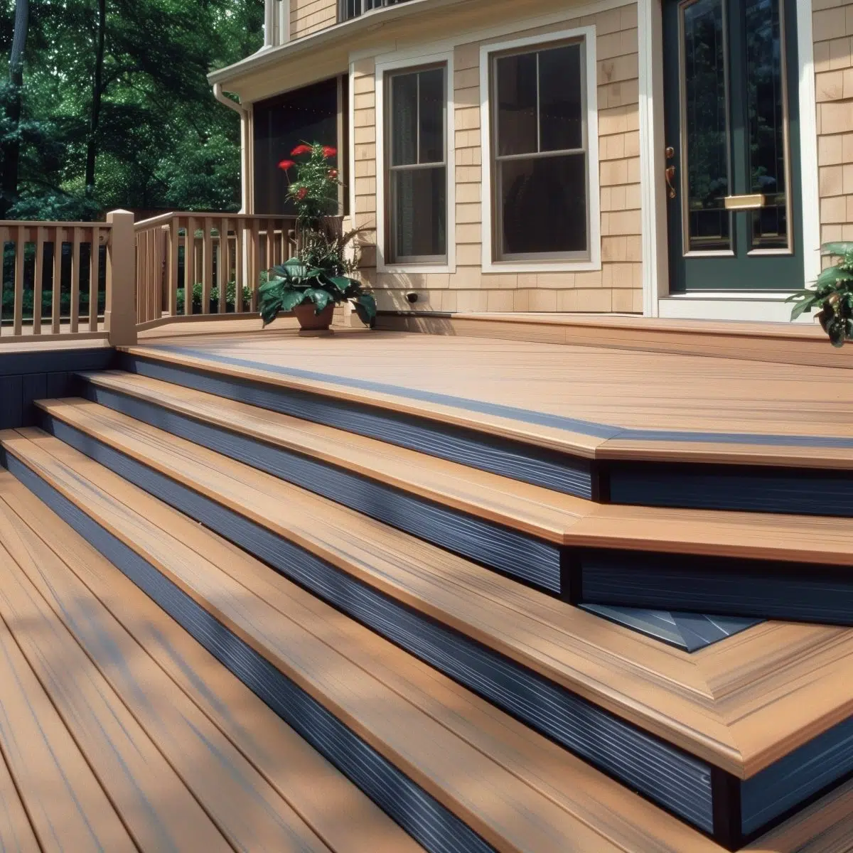 two_colored_decking 21 A deck extending from a house, showcasing rich golden brown composite decking with dark borders. Stairs lead down to the yard, complemented by colorful potted plants and a view of the surrounding greenery.