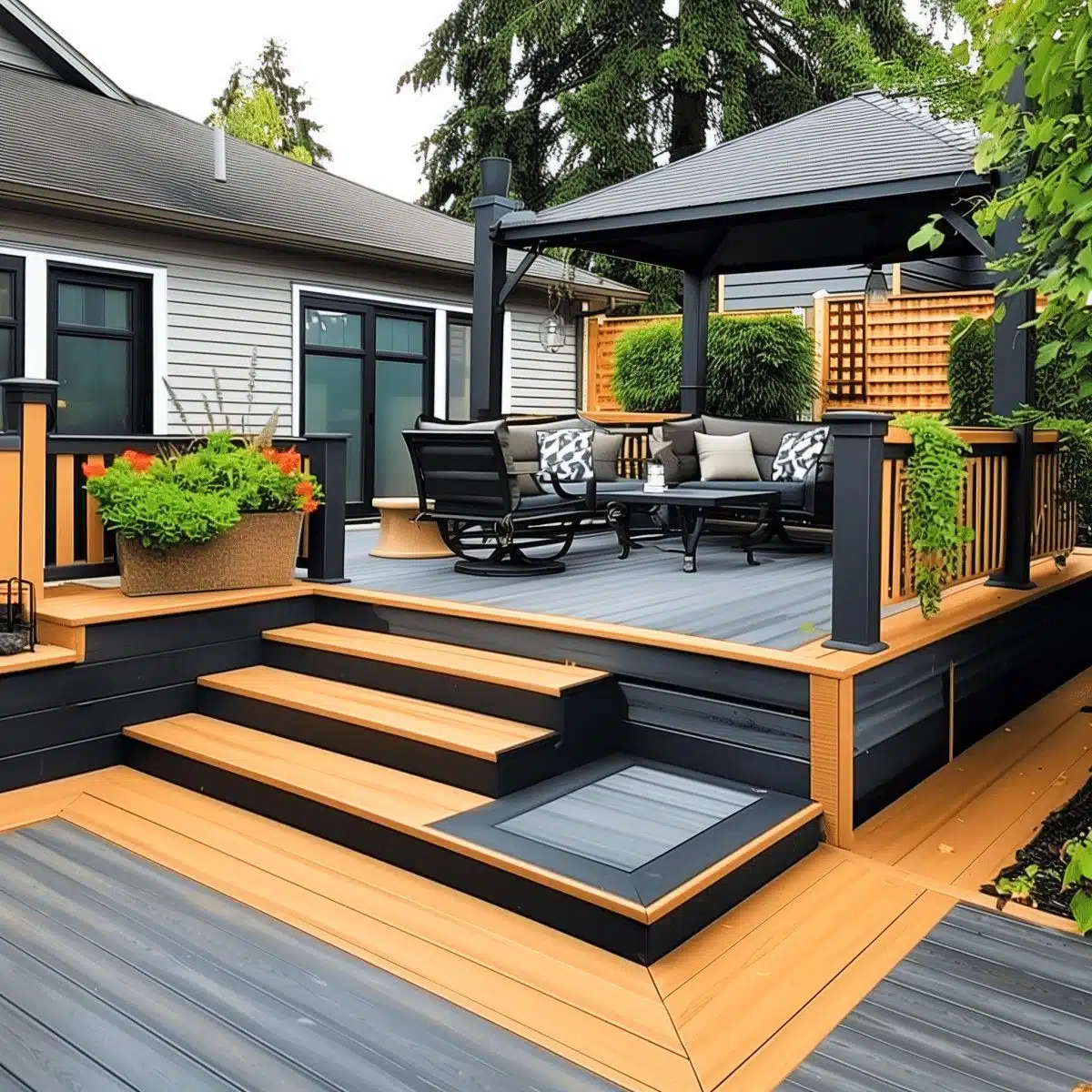 two_tone_deck_stain_ideas_black 1 A spacious outdoor deck featuring two-tone staining with dark gray flooring and lighter tan steps. It includes a cozy seating area under a black pergola, potted green plants, and a privacy lattice screen.