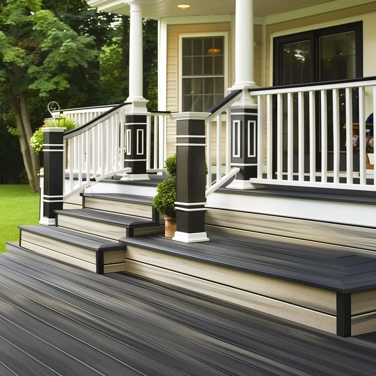 two_tone_deck_stain_ideas_black 2 A traditional home's front porch with a two-tone design, showcasing light taupe decking with black and white railing and balusters. Green plants in pots accent the steps, leading to a white pillared entryway.
