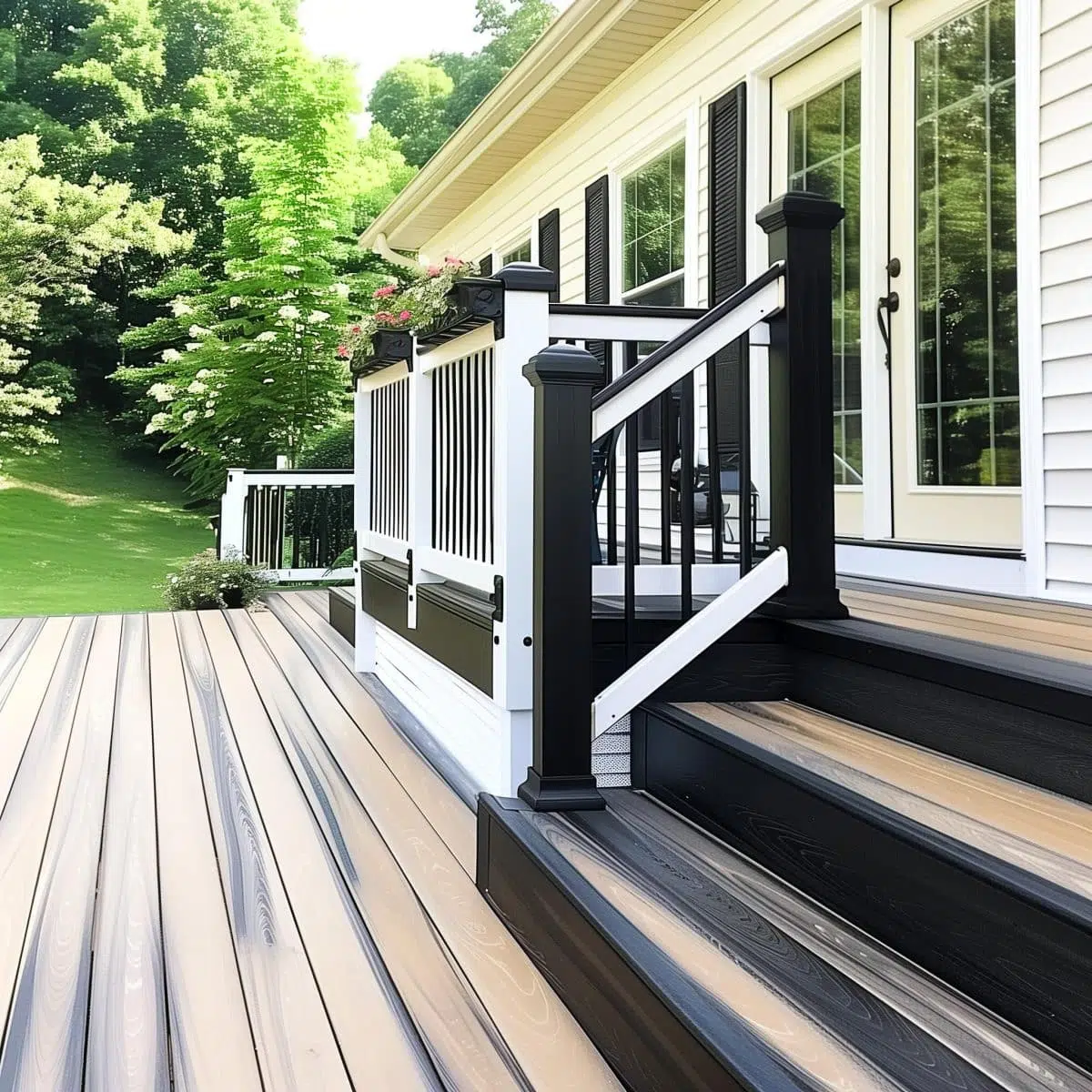 two_tone_deck_stain_ideas_black_black_and_white 10 An expansive backyard deck with two-tone stain in dark gray and beige, accessorized with black railing and cream-colored spindles. Outdoor furniture and potted plants create a welcoming space.