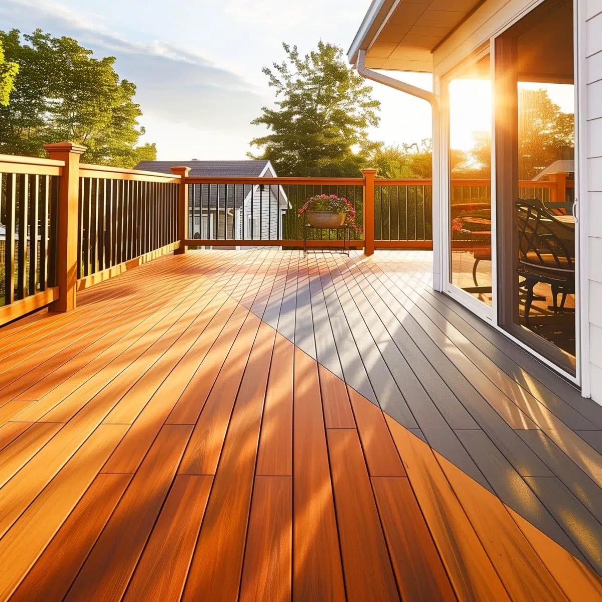 two_tone_deck_stain_ideas_floor 6 A large deck at sunset with rich, two-tone coloring; the main area in a warm cedar tone against cool gray edging. The space is open with a view of the surrounding trees, featuring outdoor dining and seating areas.