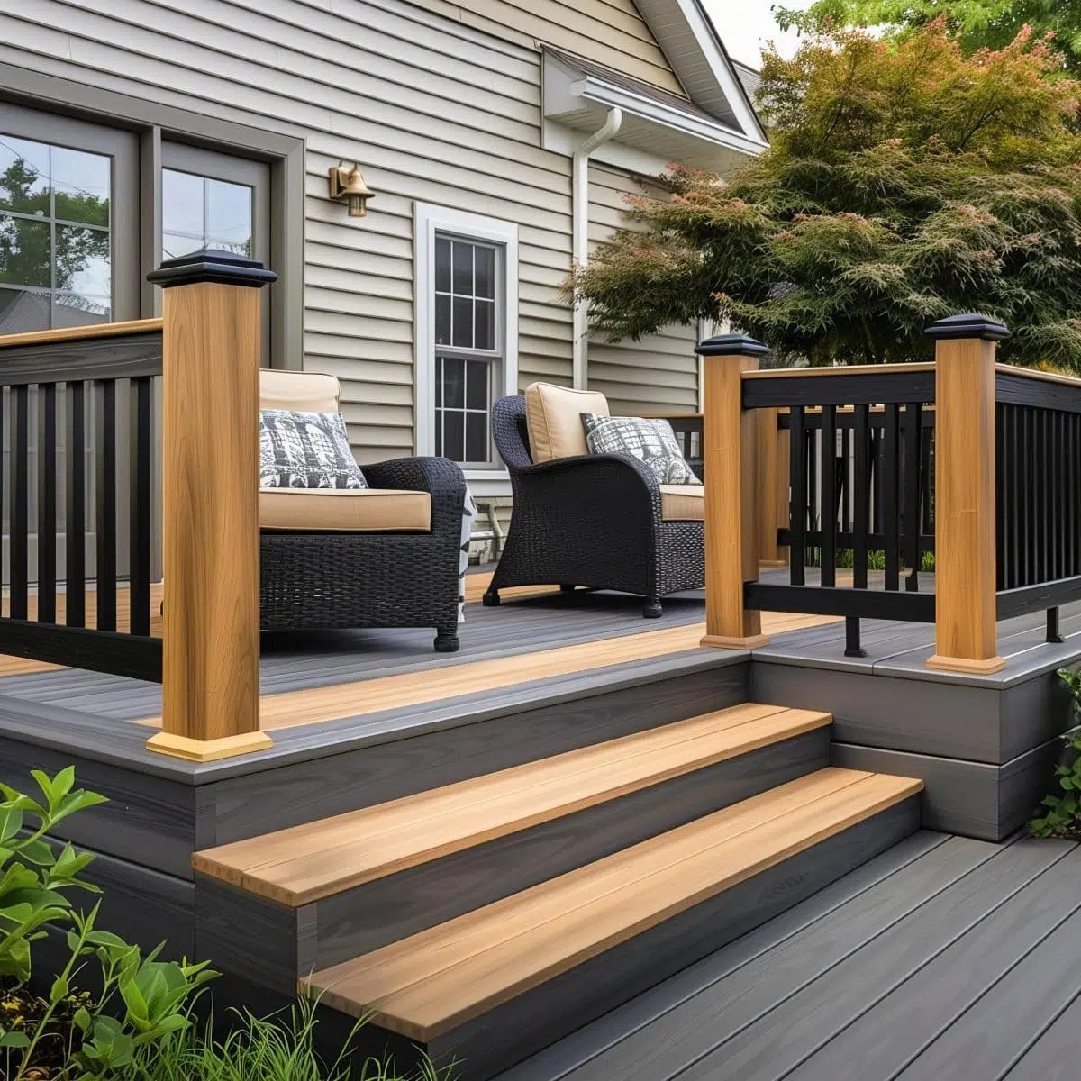 two_tone_deck_stain_ideas_gray 7 A contemporary deck with a sophisticated two-tone stain of charcoal and tan, complemented by elegant black railings with wooden caps. Lush greenery and stylish outdoor furniture set the scene for relaxation.