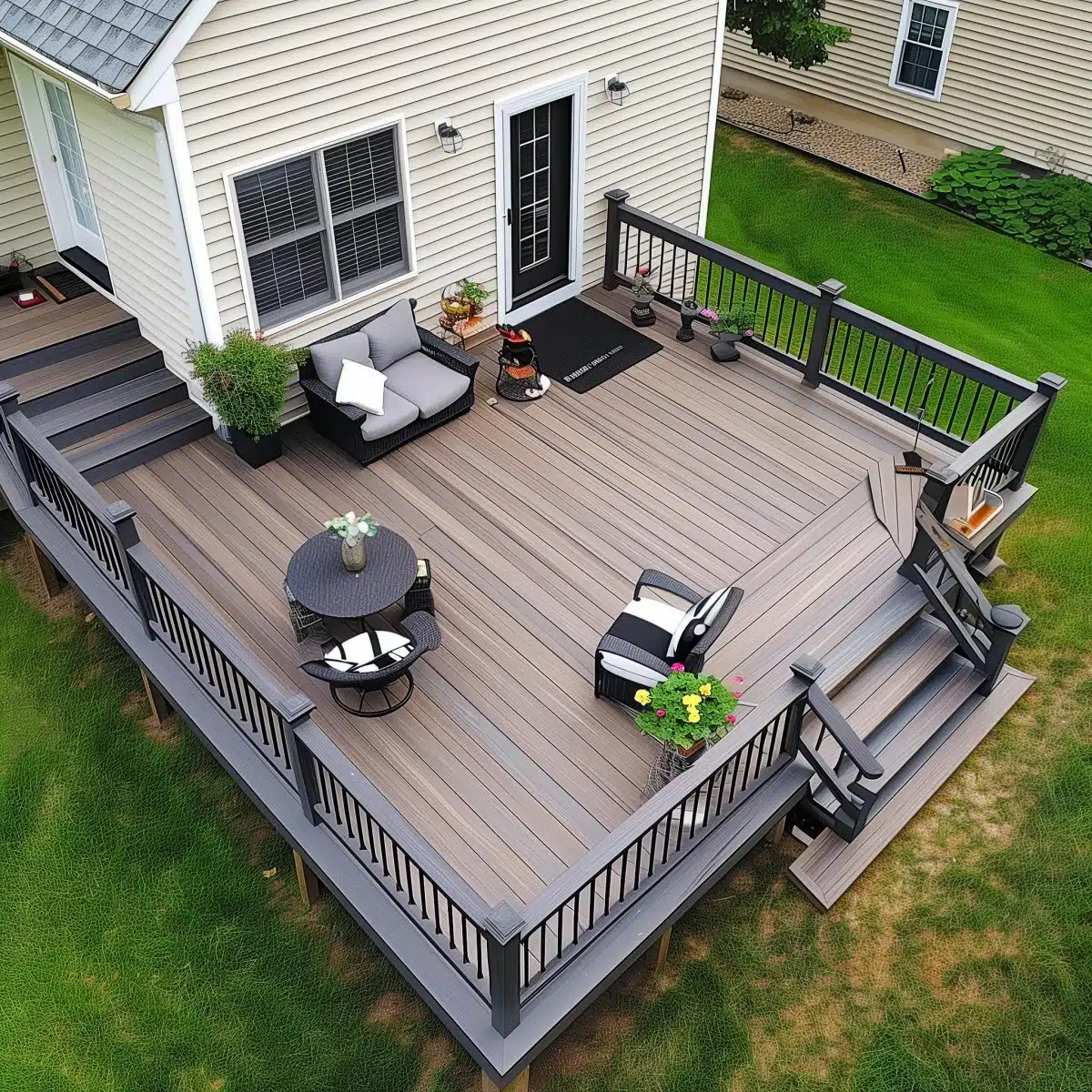 two_tone_deck_stain_ideas_grey 3 A bird's eye view of a large, two-tone stained deck in dark gray and light brown. Black railings outline the deck that houses a variety of outdoor seating and dining options.