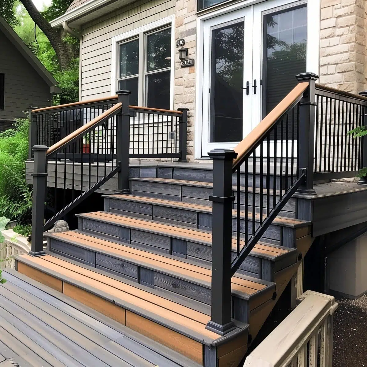 two_tone_deck_stain_ideas_grey 4 A stylish deck area showcasing two-tone staining with dark gray steps and handrails contrasting against tan decking. The modern design is complemented by black metal balusters and stone exterior walls.