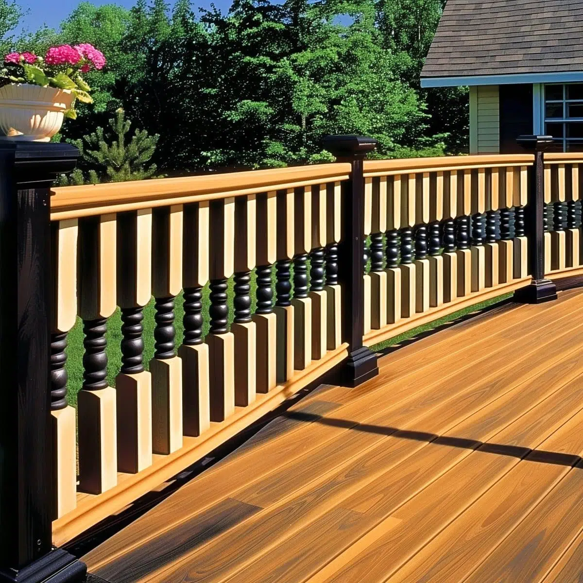 two_tone_deck_stain_ideas_railing 5 An ornate deck featuring two-tone staining with golden-brown flooring and black railings adorned with decorative spindles. The deck is enhanced by potted flowers, offering a luxurious outdoor setting.