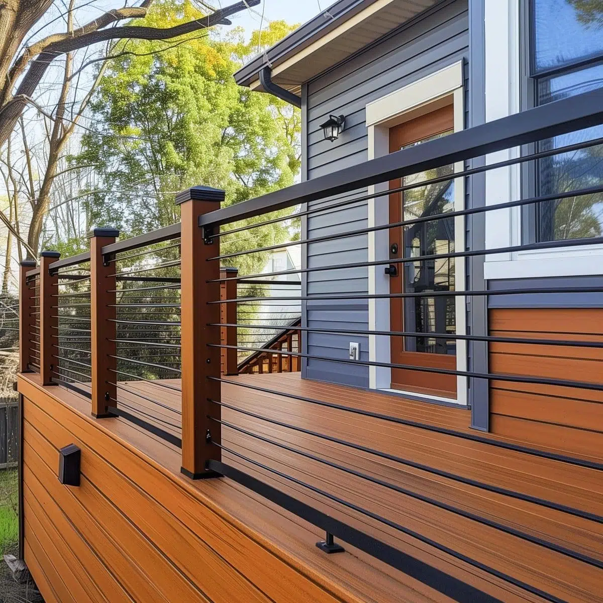 two_tone_deck_stain_ideas_railing 8 An elegant deck with a unique two-tone stain, combining deep orange-brown flooring with a dark gray framing. The contemporary black metal and wire railing system adds a modern touch to the traditional setting.