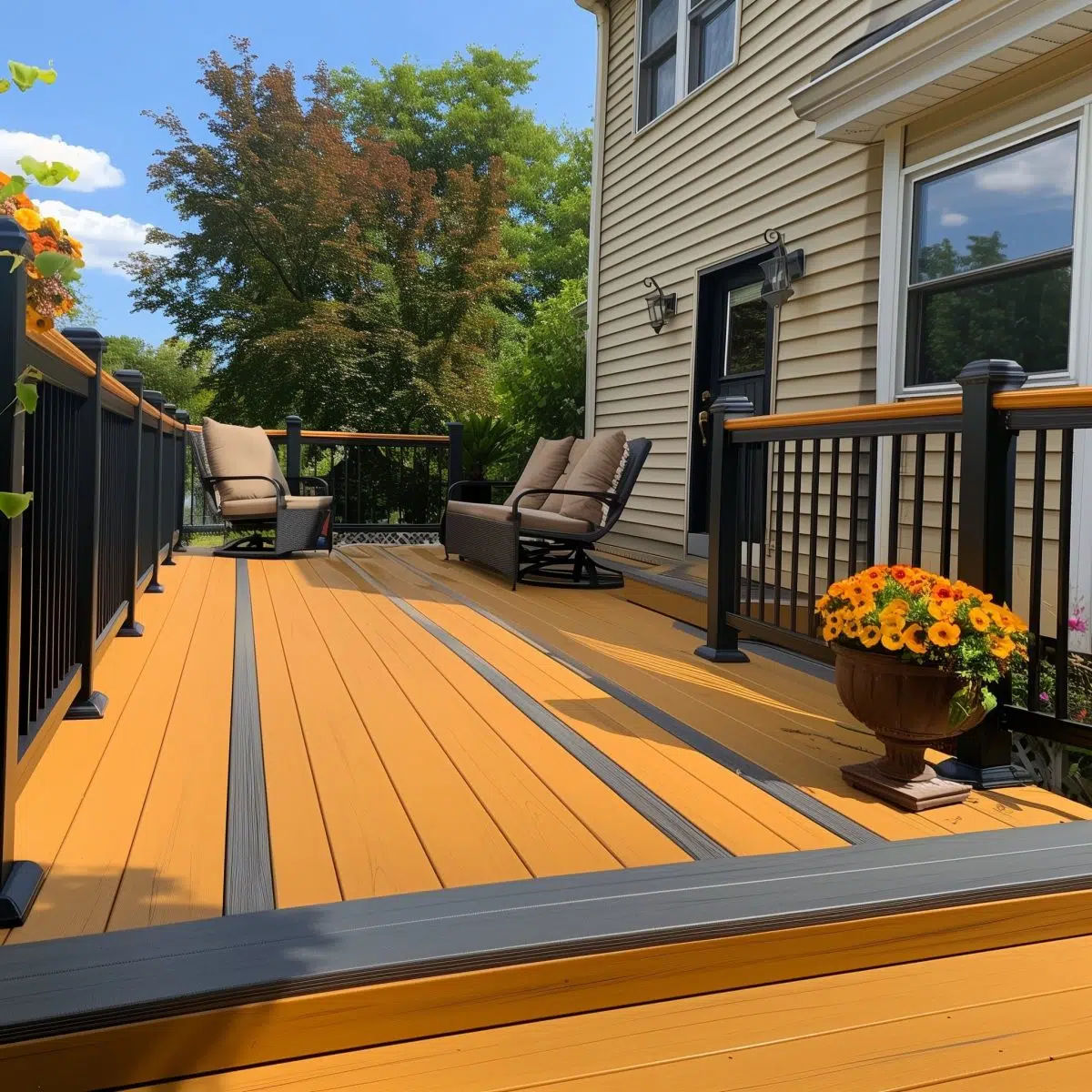 two_toned_decking_stain 22 A sunny outdoor deck with vibrant honey-colored composite decking contrasted by dark railing. Cozy outdoor furniture provides a relaxing space, decorated with bright yellow and orange flowers in pots.