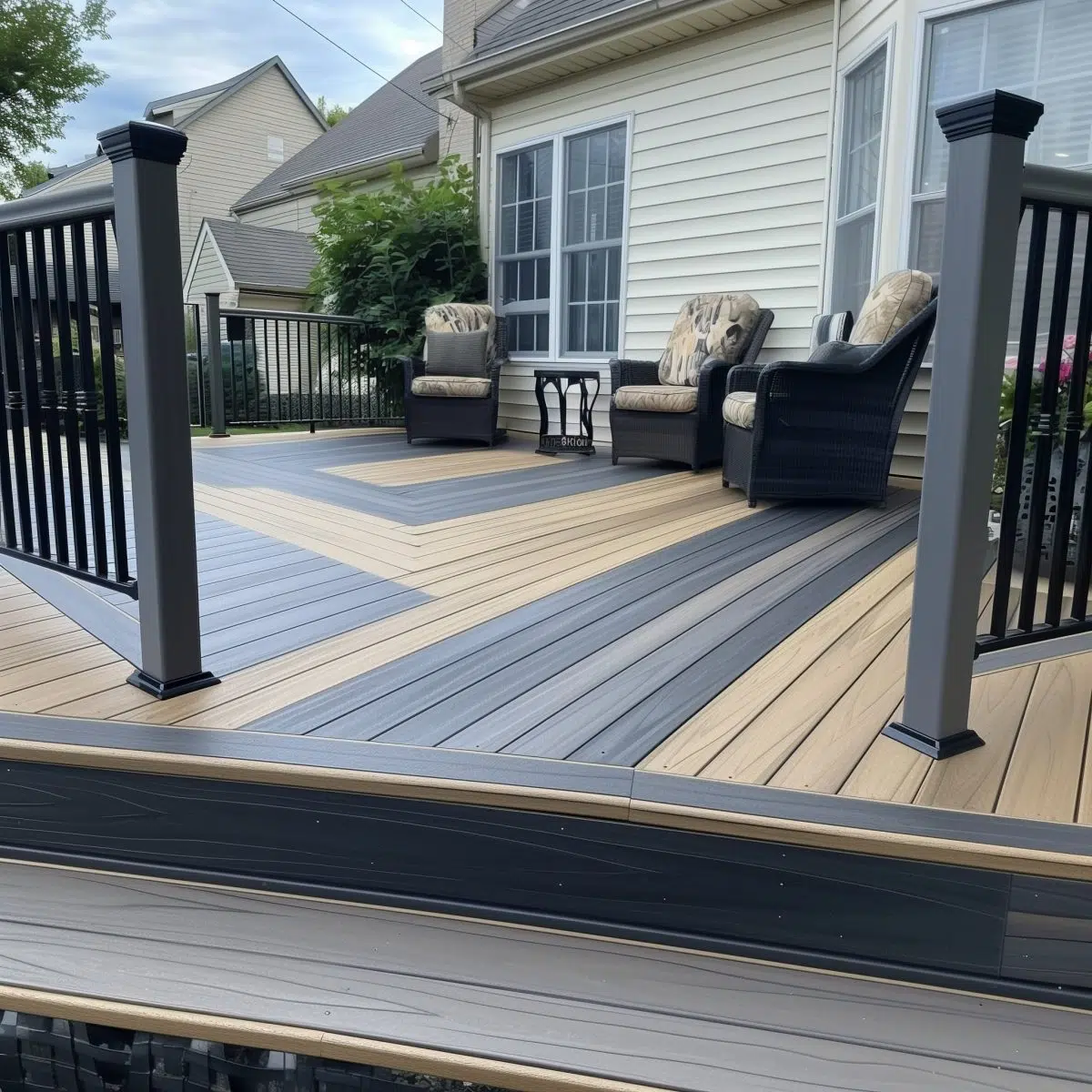 two_toned_decking_stain 24 A home's back porch featuring composite decking with a mix of dark and light gray boards creating a geometric pattern. Black railing complements the modern look, with comfortable patio furniture arranged for outdoor gatherings.