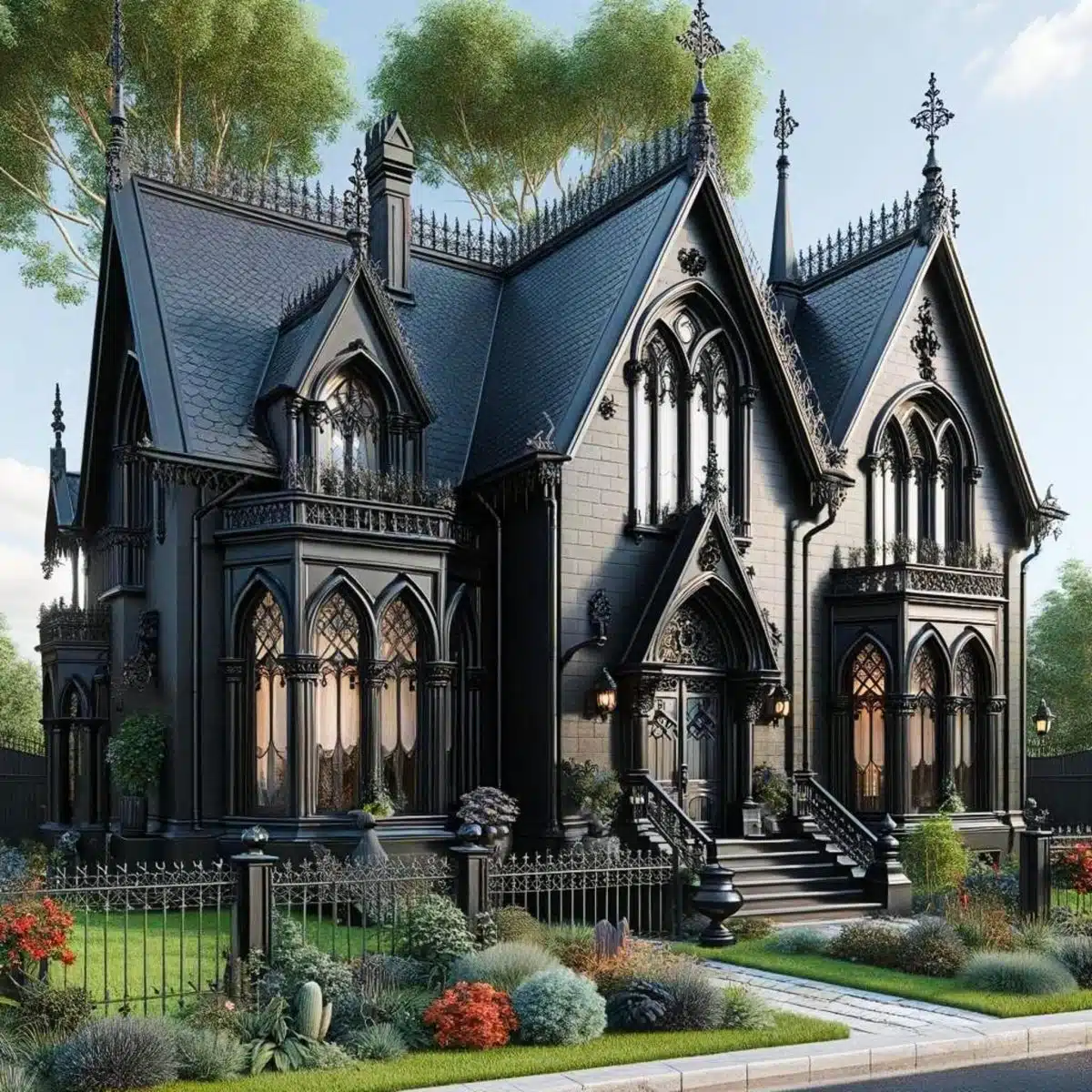 A_Gothic_Revival-style_house_with_an_all-black_exterior A dramatic Gothic Revival-style house with a striking all-black exterior. The house features intricate details such as pointed arches, decorative trims, and steep gables. The garden is meticulously designed with a variety of plants and flowers, creating a picturesque and somewhat mysterious atmosphere.
