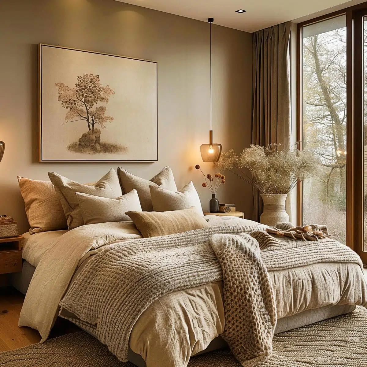 Modern_Cozy_Bedroom_Ideas_With_Neutral_Colors 37 A tranquil bedroom with a soft, neutral color scheme. The room features a large bed with beige bedding, a textured rug, and a pouf. The space is decorated with simple, natural elements, including a potted plant and a large window with curtains.