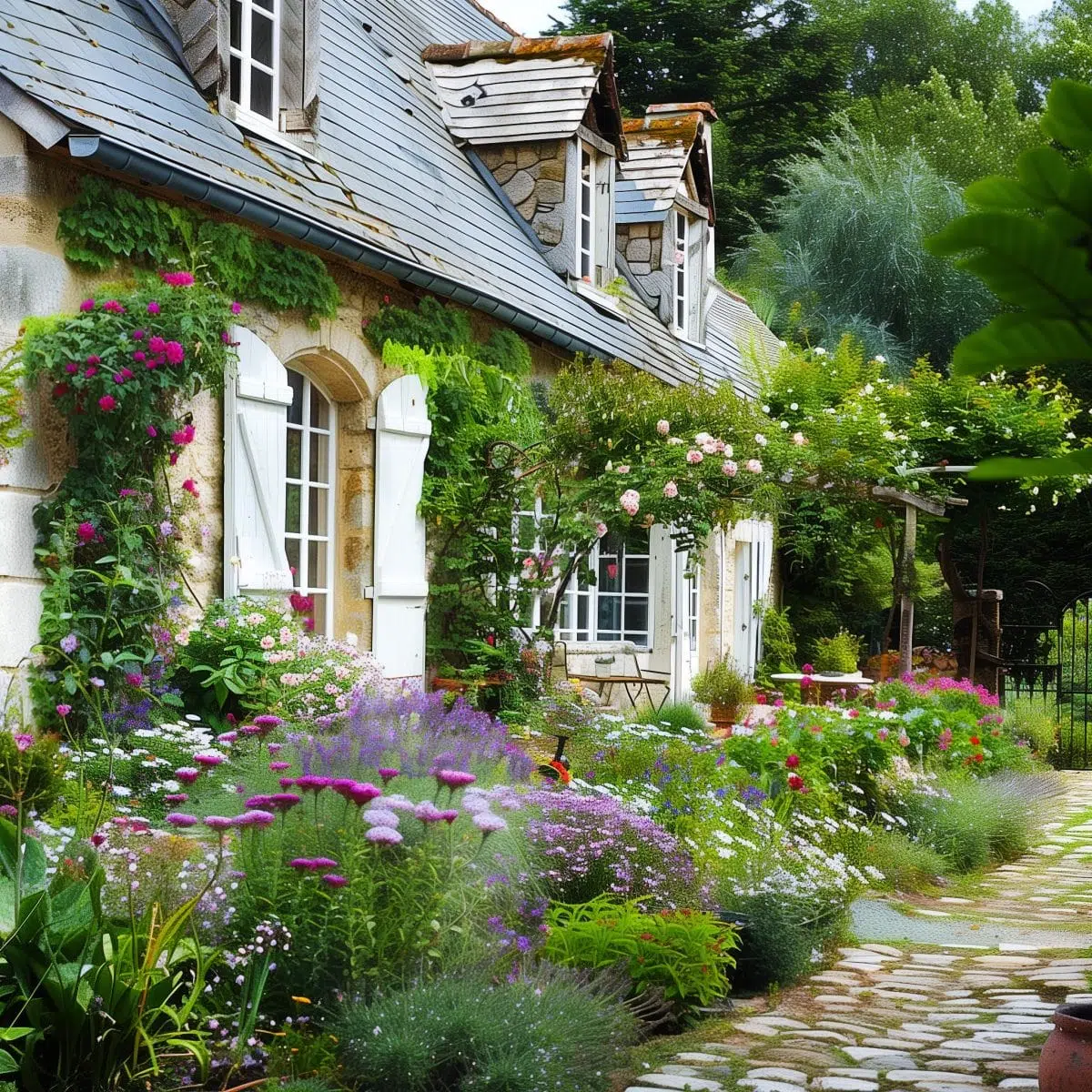 french_cottage_garden 1 A charming stone cottage with white shutters surrounded by a lush, vibrant garden filled with colorful flowers including roses, lavender, and daisies. The garden path is made of cobblestones, leading up to the house, and greenery climbs the walls, giving it a cozy, inviting look.