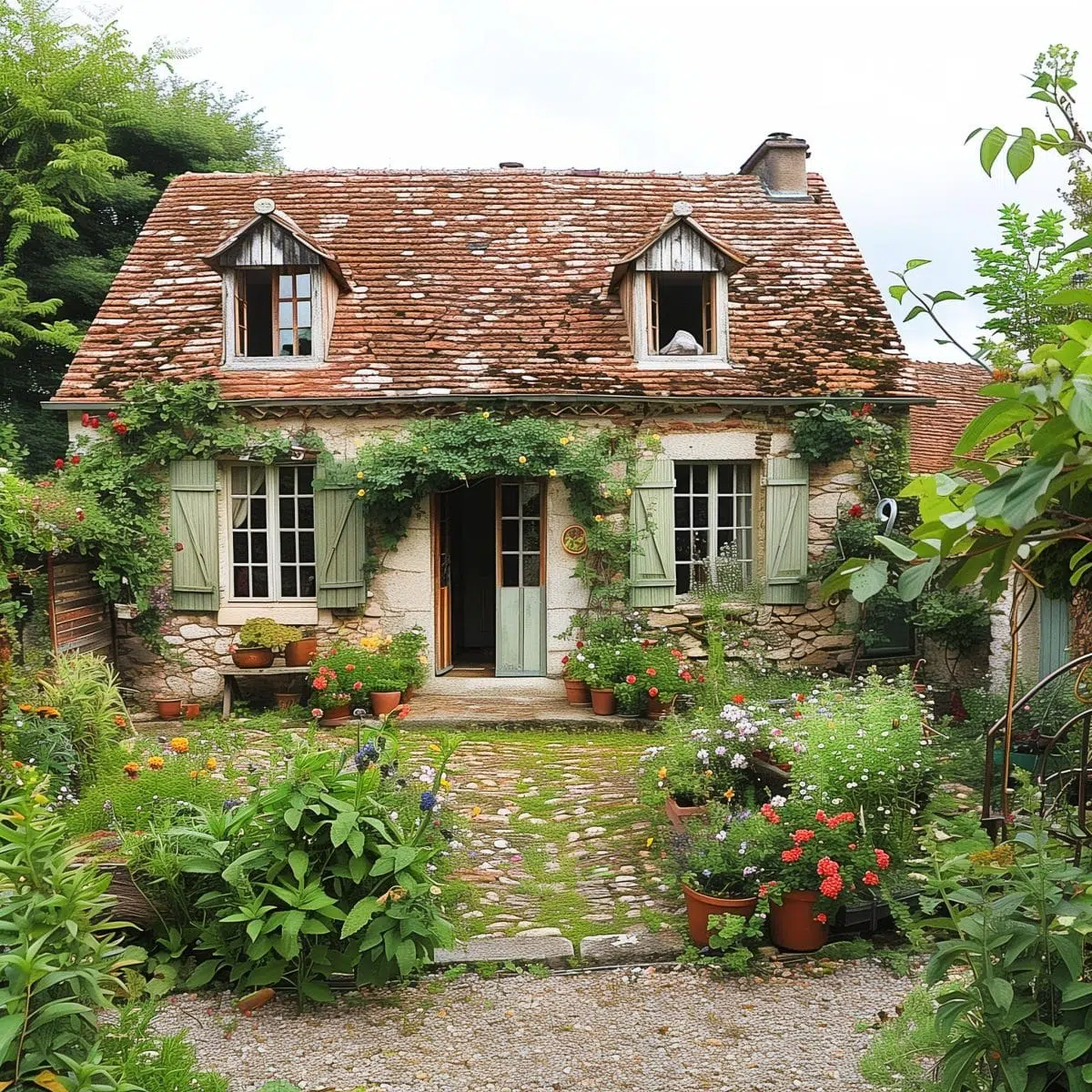 french_cottage_garden 11 A charming cottage with a sloping red-tiled roof and green wooden shutters, surrounded by a lush garden filled with colorful flowers and potted plants. Ivy climbs the walls, adding to the rustic appeal.