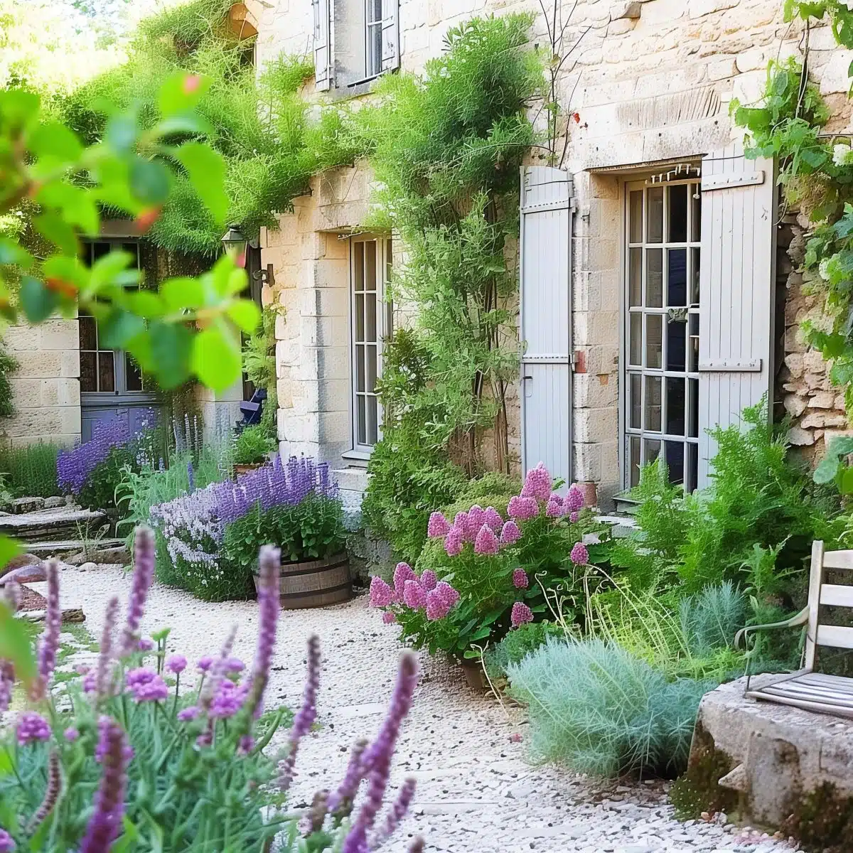 french_cottage_garden 2 A quaint cottage with pale blue shutters and a vibrant garden in the front yard. The garden features an array of purple and pink flowers, including lavender and hydrangeas. Ivy and other climbing plants grow on the stone walls, adding to the rustic charm.